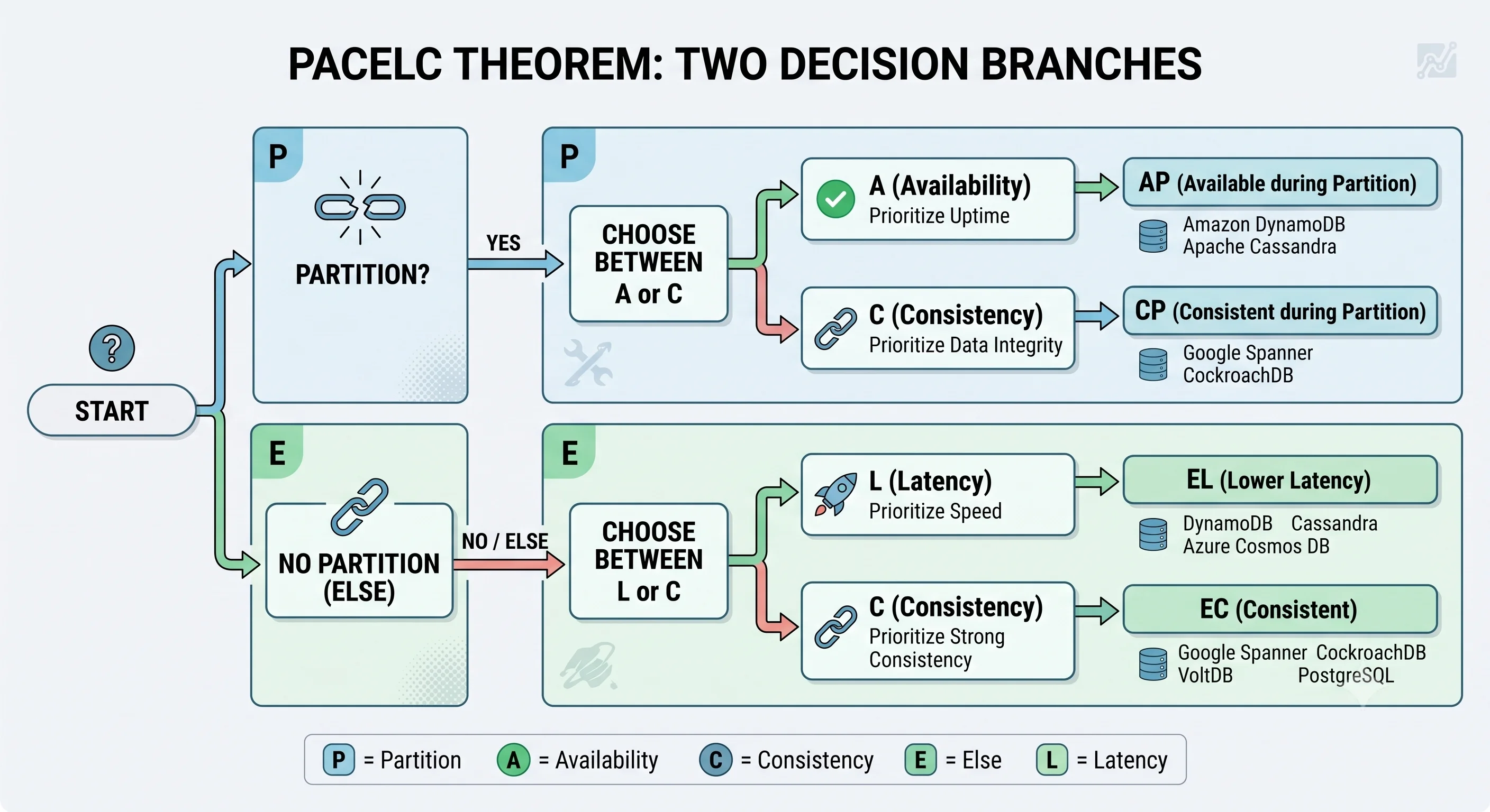 2D minimalistic diagram showing PACELC as two decision branches: top branch labeled "Partition?" → Yes → choose A or C; bottom branch → No (Else) → choose L or C, with examples of databases in each quadrant