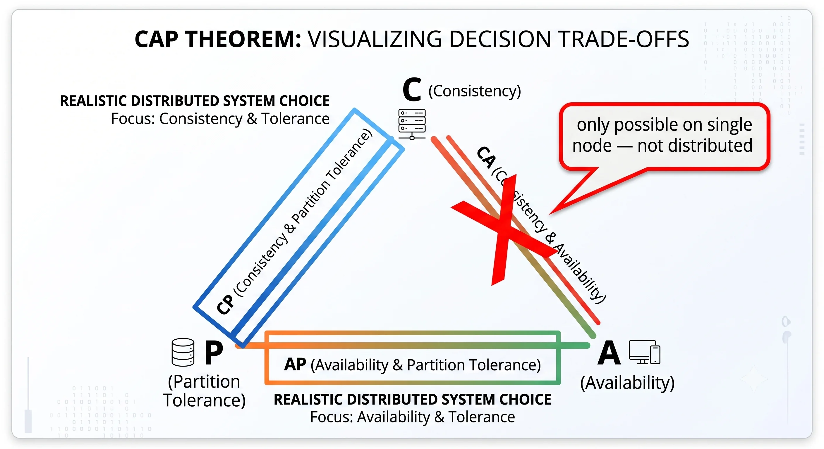 2D minimalistic triangle diagram with C, A, P at each vertex, two sides highlighted showing CP and AP as the realistic choices, with the CA side crossed out and labeled "only possible on single node — not distributed"
