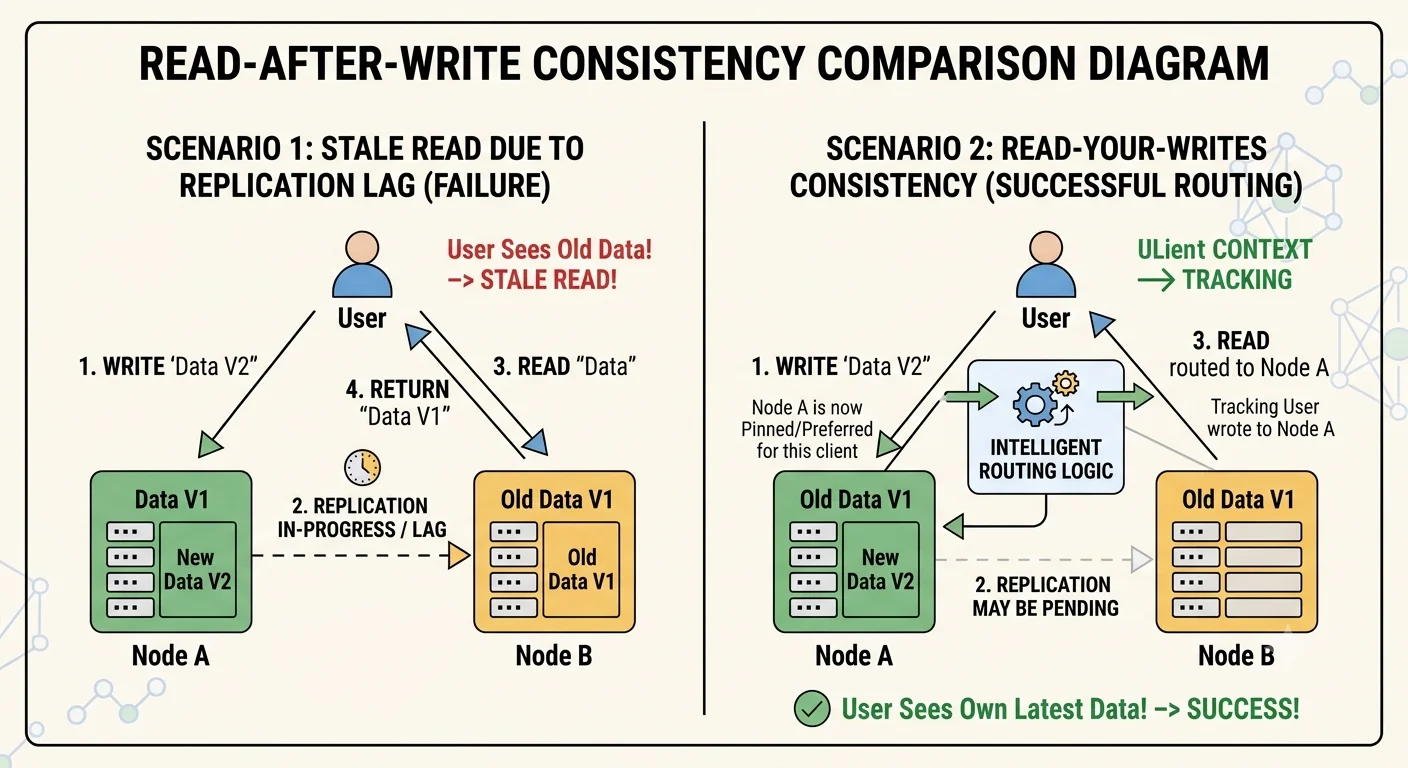 2D minimalistic diagram showing a user writing to Node A, then reading from Node B (which hasn't replicated yet) and seeing stale data — contrasted with read-your-writes where the user's read is routed back to Node A