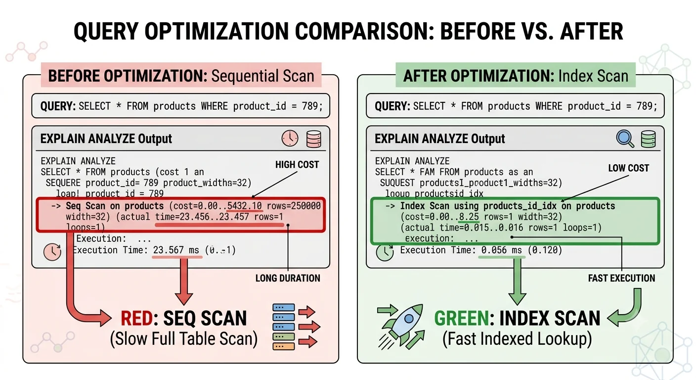 2D minimalistic before-after comparison: left side shows EXPLAIN output with "Seq Scan" highlighted in red and high cost, right side shows "Index Scan" highlighted in green with low cost, both for the same query