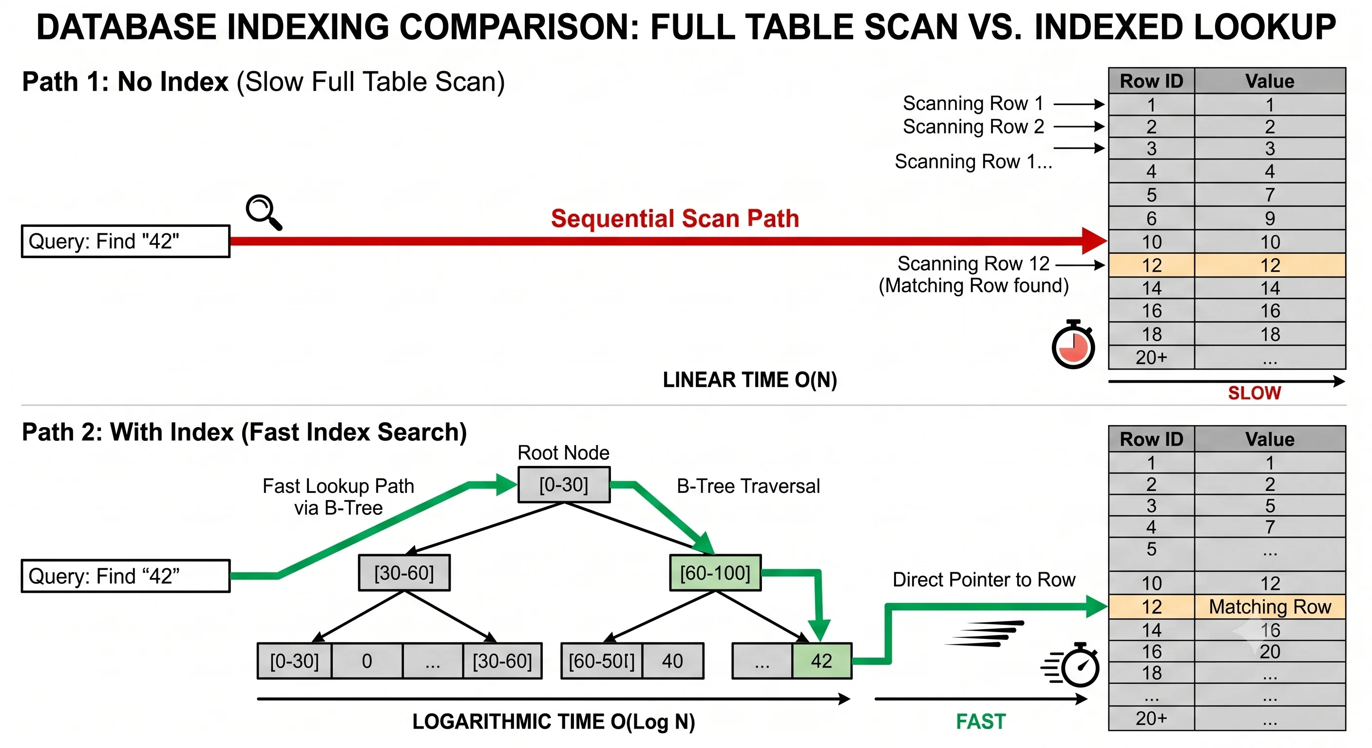 2D minimalistic diagram showing two paths: top path labeled "No Index" with an arrow scanning through every row in a long table (slow), bottom path labeled "With Index" with an arrow jumping directly to the matching row via a B-tree structure (fast)