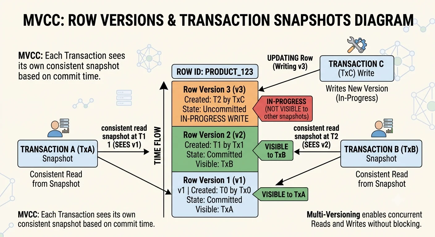2D minimalistic diagram showing MVCC: a row with three versions (v1, v2, v3) stacked vertically, with Transaction A seeing v1 (its snapshot) and Transaction B seeing v2 (its snapshot), while v3 is being written by Transaction C