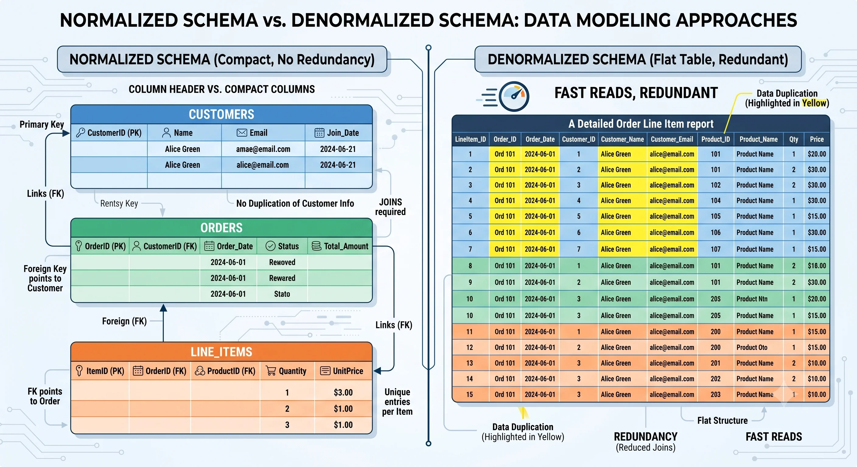 2D minimalistic split diagram: left side shows normalized schema with three separate tables connected by FK arrows (compact, no redundancy), right side shows denormalized flat table with duplicated data highlighted in yellow (fast reads, redundant)