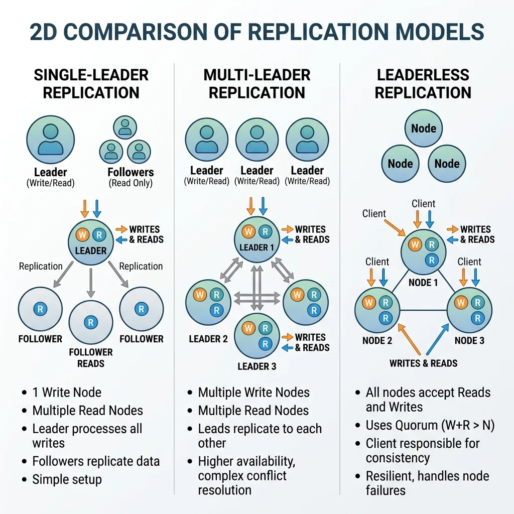 2D minimalistic comparison of three replication models side by side: single-leader (one write node, multiple read nodes), multi-leader (multiple write nodes replicating to each other), leaderless (all nodes accept reads and writes with quorum)