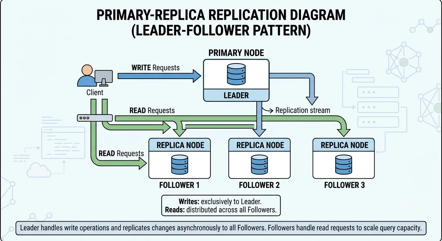 2D minimalistic diagram showing a primary database node labeled "Leader" sending arrows to three replica nodes labeled "Follower 1, 2, 3", with write arrows going to the leader only and read arrows going to all followers