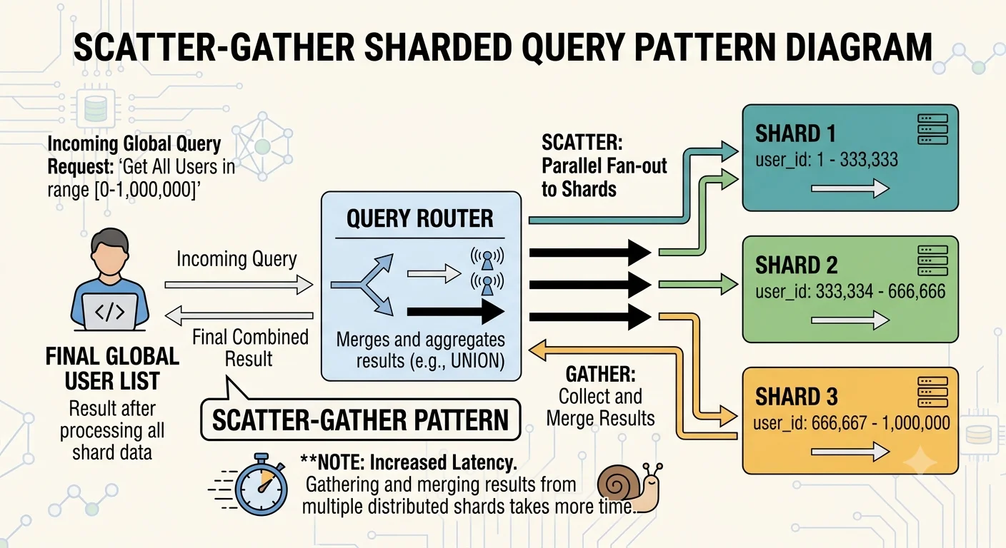 2D minimalistic diagram showing a query that requires data from multiple shards: a request enters a router, fans out to three shards with parallel arrows, results merge back at the router, labeled "scatter-gather" with a note about increased latency