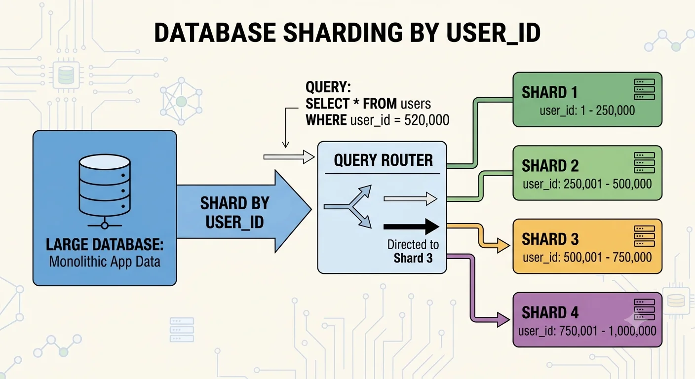 2D minimalistic diagram showing a single large database on the left, an arrow labeled "shard by user_id", and four smaller database boxes on the right, each labeled with a range of user IDs (1-25M, 25M-50M, etc.), with a router box directing queries to the correct shard