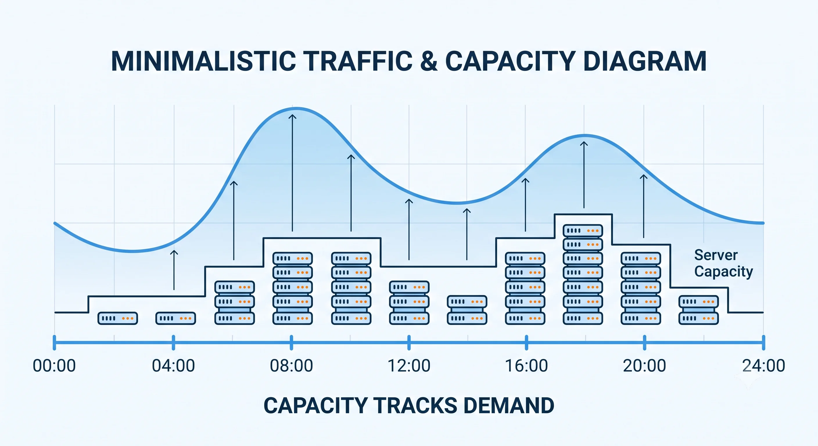 2D minimalistic diagram showing a traffic curve rising and falling over a 24-hour x-axis, with a stepped line of server icons underneath that grows taller as traffic rises and shrinks as it falls, labeled "capacity tracks demand"