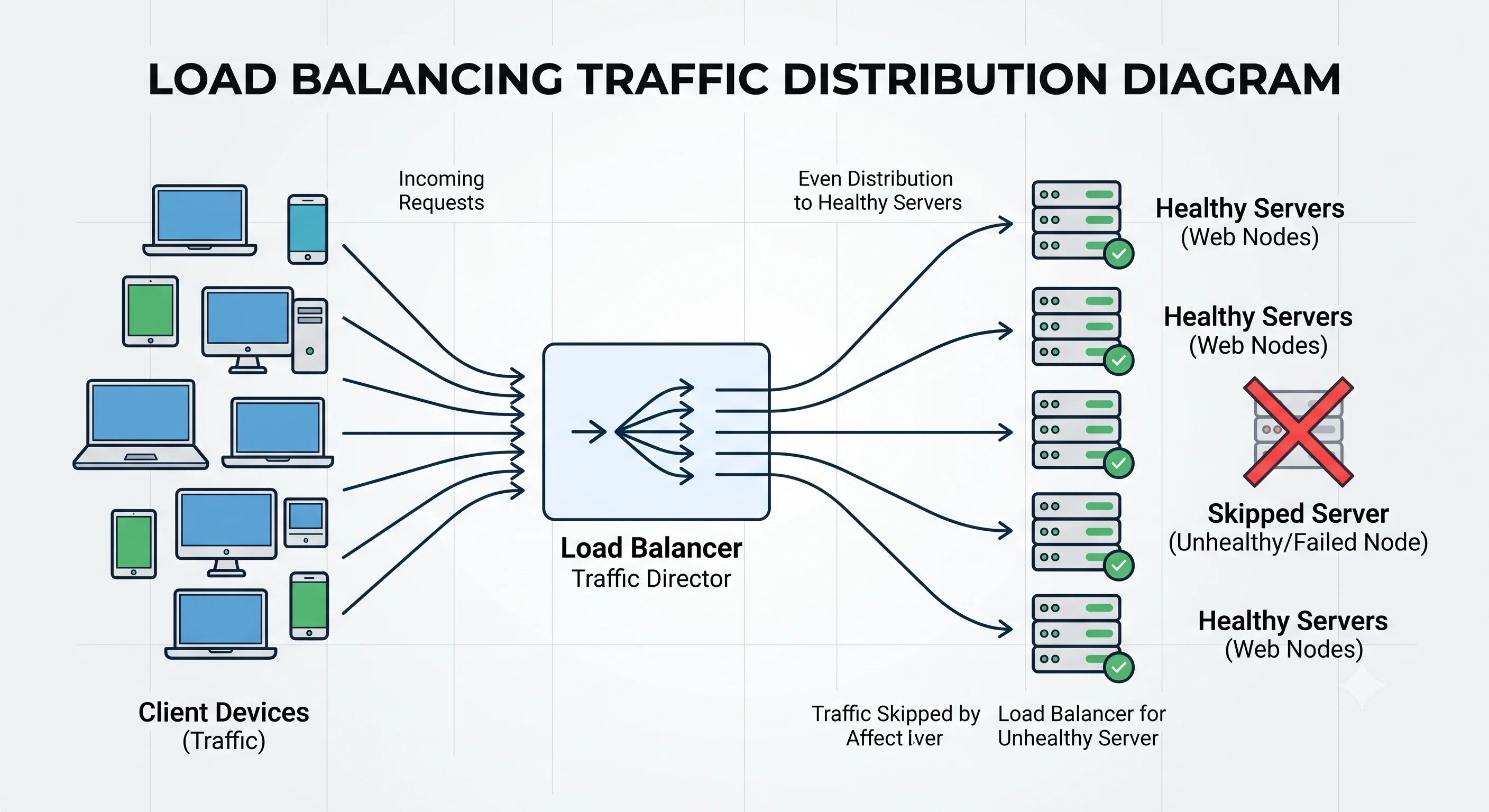 2D minimalistic diagram showing many client devices on the left sending arrows into a single load balancer box in the middle, which fans out evenly to four healthy server boxes on the right; one server marked with a red X is skipped by the load balancer