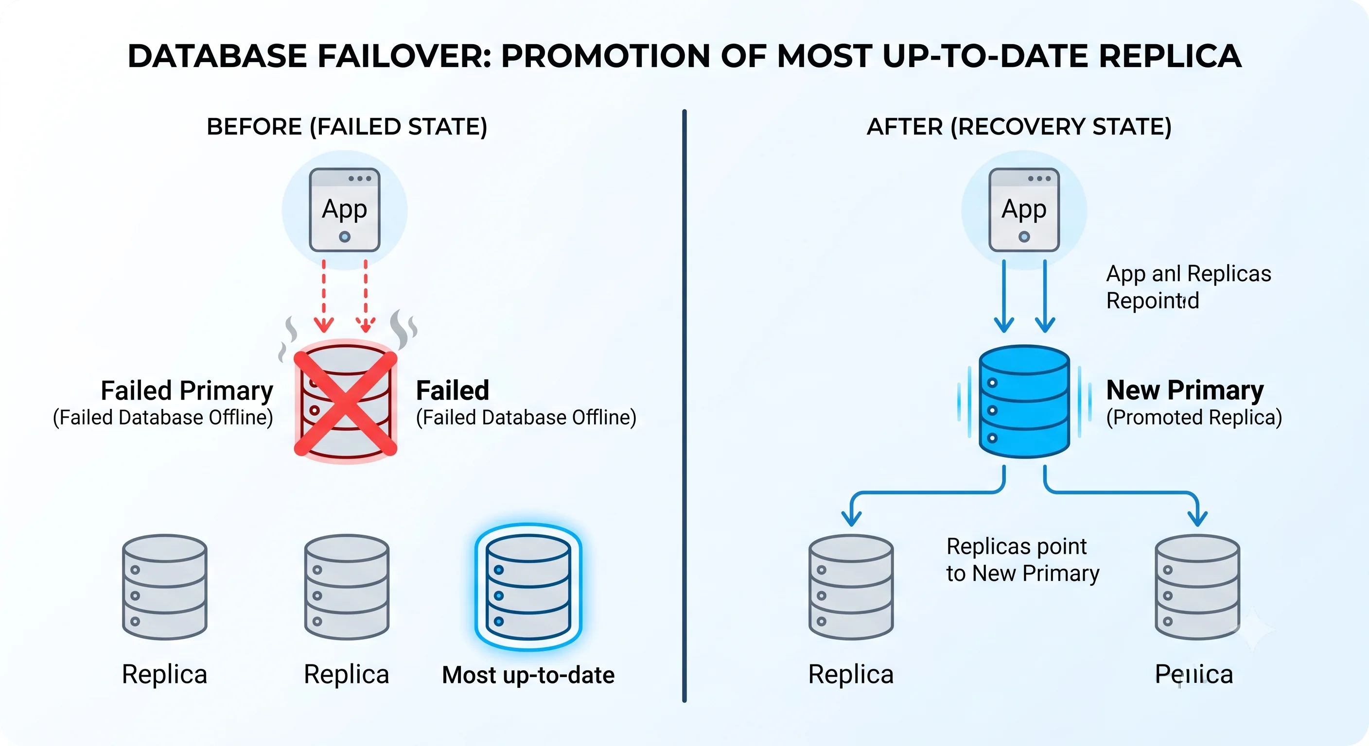 2D minimalistic before/after diagram: left shows a primary with a red X (failed) and three replicas, one highlighted as "most up-to-date"; right shows that replica promoted to the new primary with the other replicas and the app repointed to it via new arrows