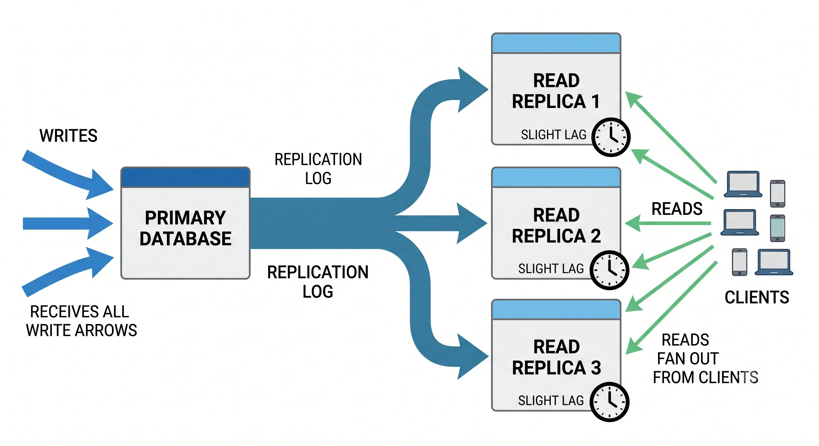2D minimalistic diagram showing one primary database box on the left receiving all write arrows, streaming a "replication log" to three read-replica boxes on the right, with read arrows fanning out from clients to the replicas and a small clock icon on each replica indicating slight lag