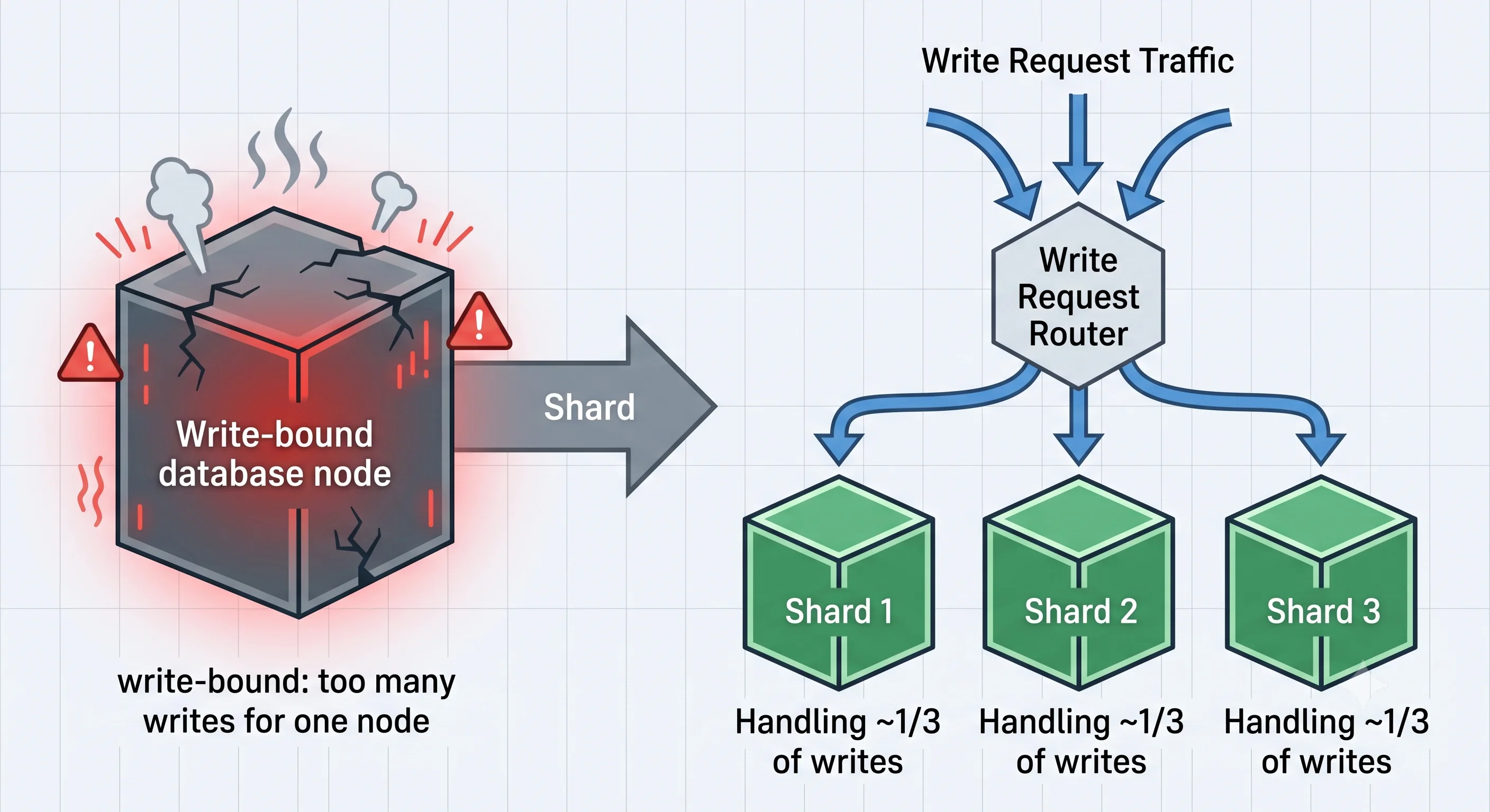 2D minimalistic diagram showing one overloaded database box on the left labeled "write-bound: too many writes for one node", an arrow labeled "shard", and three database boxes on the right each handling one-third of the writes, with a router directing incoming writes to the correct shard