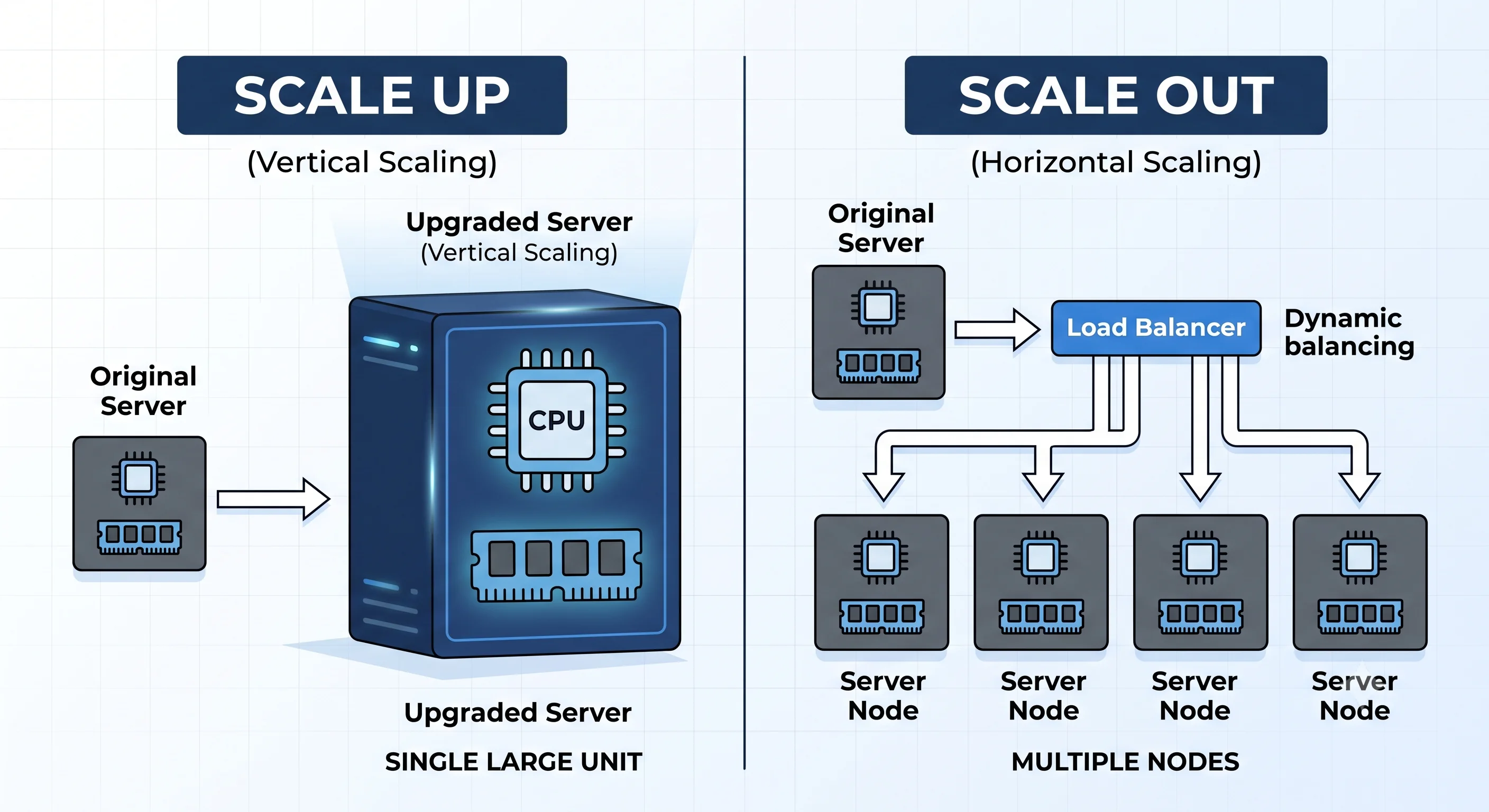 2D minimalistic diagram split in two halves: left half labeled "Scale Up" shows one server box growing taller and bulkier with bigger CPU/RAM icons; right half labeled "Scale Out" shows one server multiplying into a row of four identical smaller server boxes with a load balancer on top distributing arrows to each