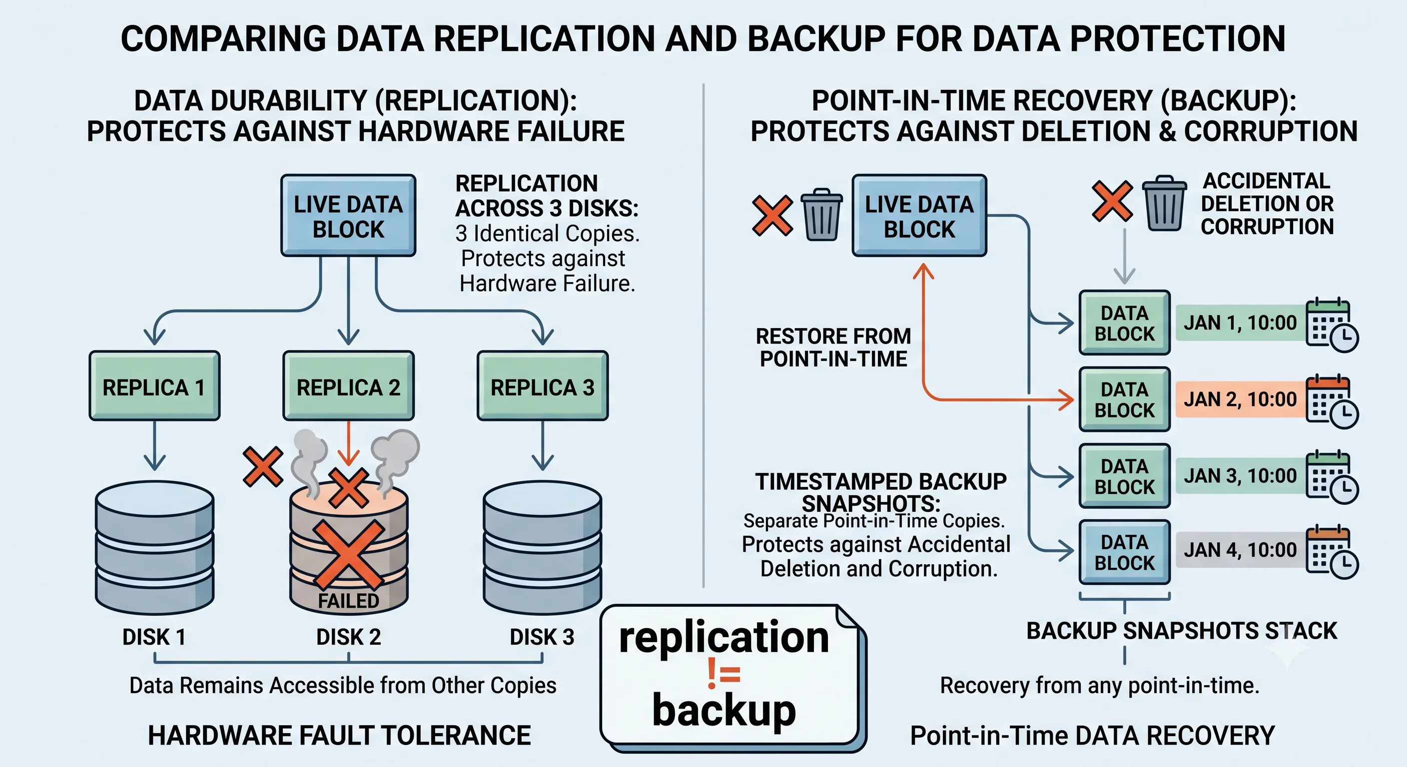 2D minimalistic diagram showing a piece of data stored durably as three replica copies across three disks (protecting against hardware failure), alongside a separate stack of timestamped backup snapshots on the right (protecting against accidental deletion and corruption), with a note "replication ≠ backup"
