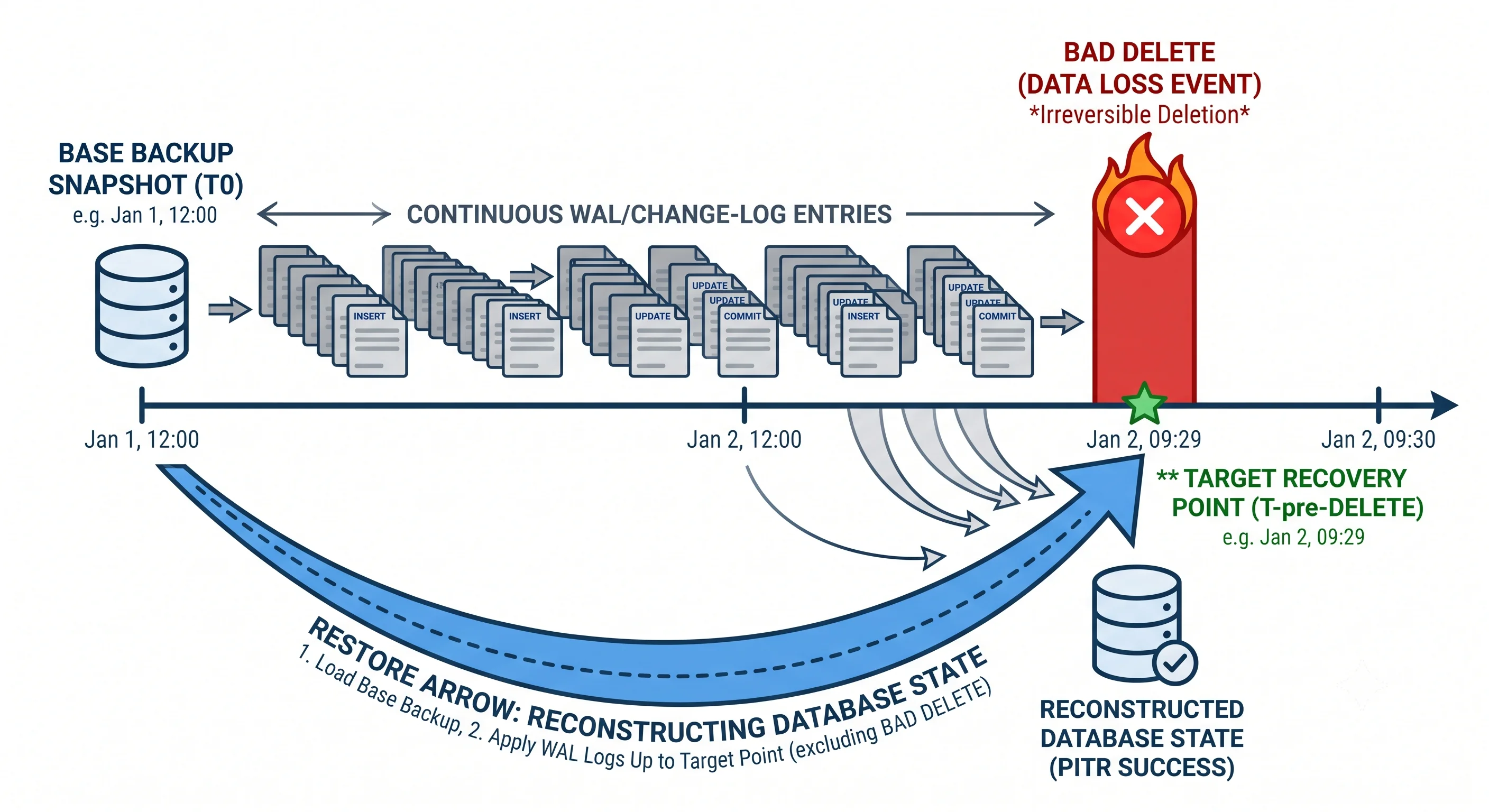 2D minimalistic diagram showing point-in-time recovery: a horizontal timeline with a "base backup" snapshot on the left, a continuous stream of WAL/change-log entries flowing rightward, a red "bad DELETE" marker partway along, and a restore arrow reconstructing the database state to the exact point just before the bad delete