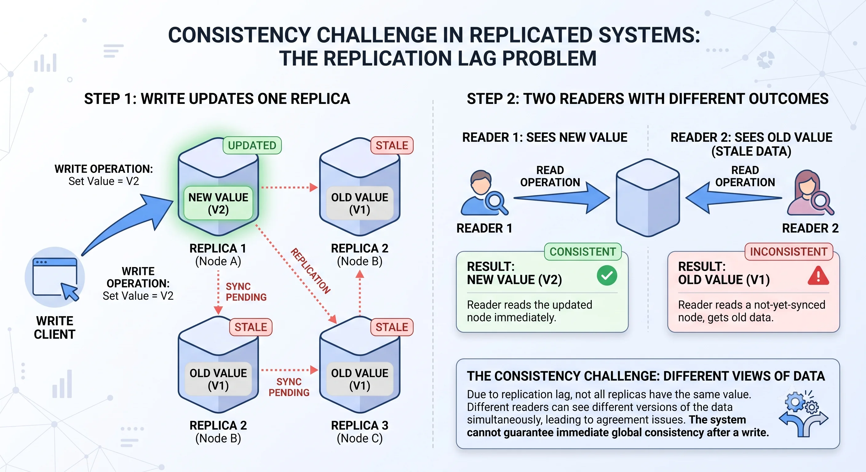 2D minimalistic diagram showing a write updating one replica, then two readers: one reading the updated replica and seeing the new value, another reading a not-yet-synced replica and seeing the old value, illustrating the consistency challenge of keeping all readers in agreement across replicas