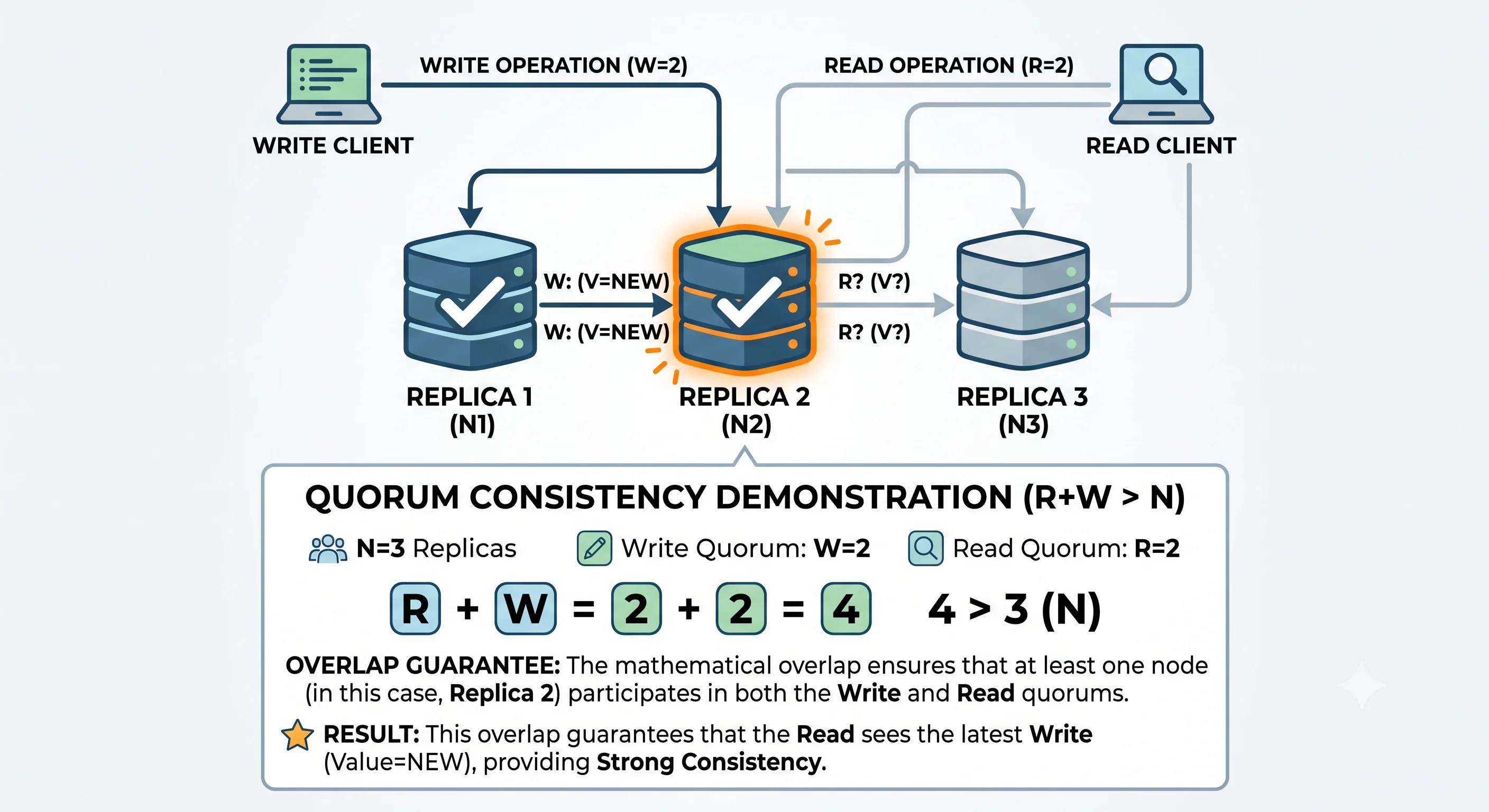 2D minimalistic diagram showing quorum consistency with three replica nodes: a write hitting two of three nodes (W=2) shown with checkmarks, and a read querying two of three nodes (R=2), with the overlapping node highlighted to show R+W>N guarantees the read sees the latest write