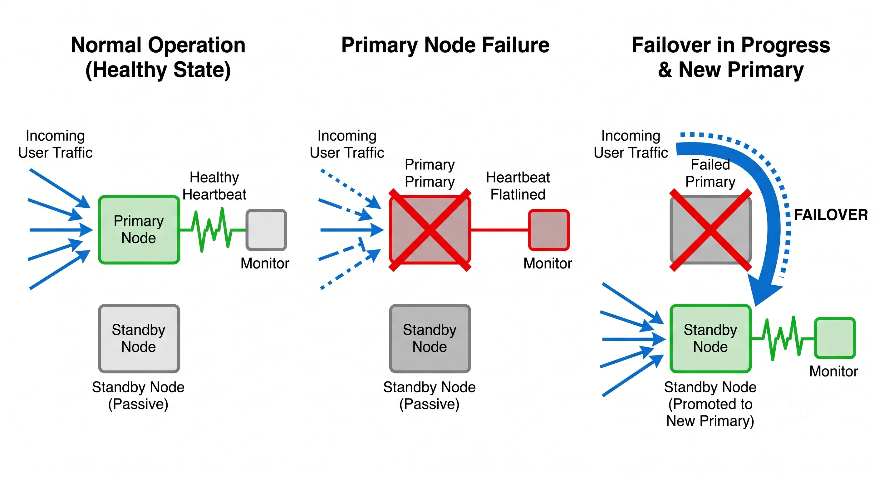 2D minimalistic diagram showing a primary node handling traffic with a healthy heartbeat line to a monitor; the primary then fails with a red X, the heartbeat flatlines, and an arrow labeled "failover" swings traffic over to a standby node that becomes the new primary