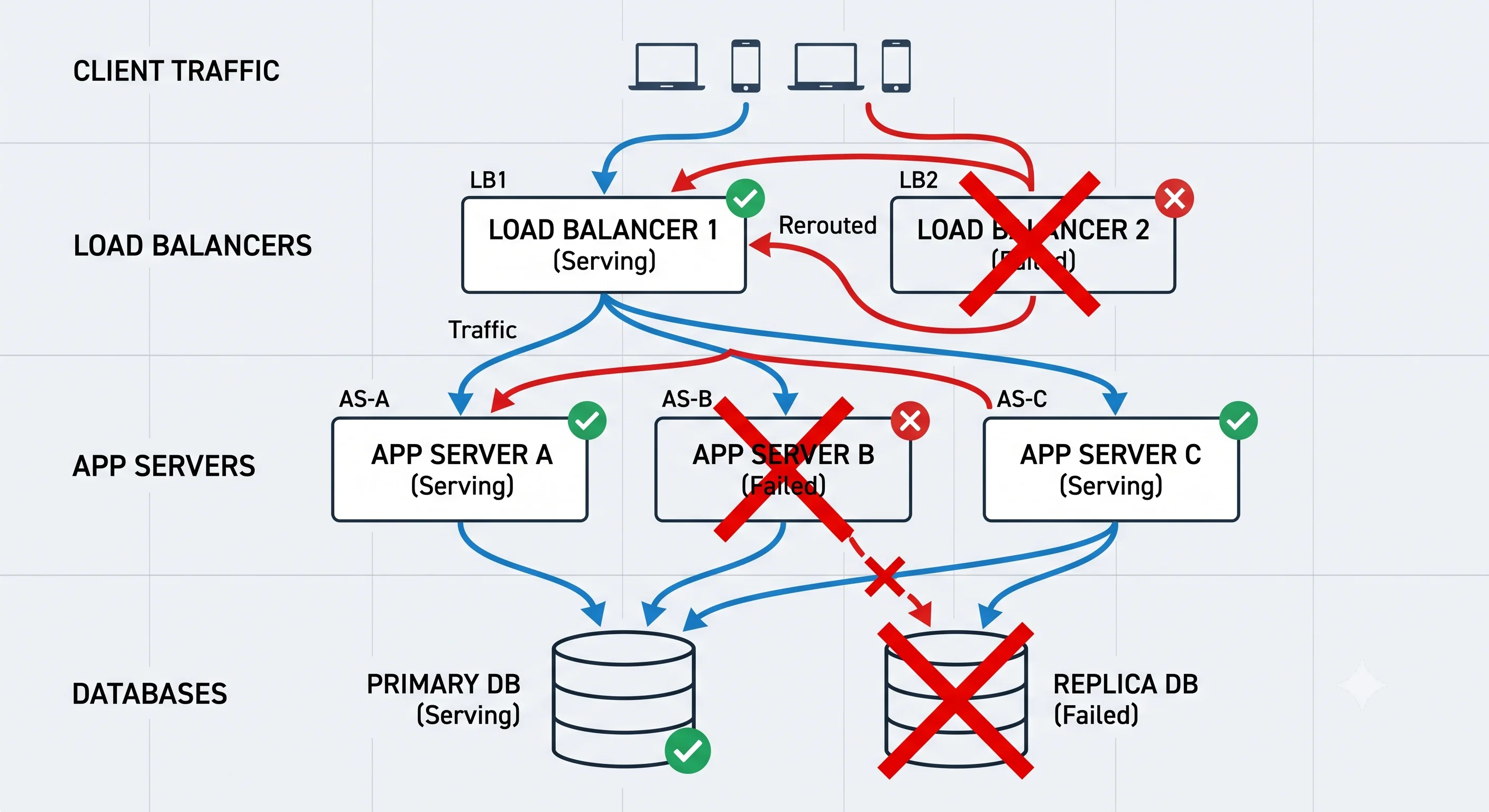 2D minimalistic diagram showing a system with redundant components at every layer: two load balancers, three app servers, and a primary-plus-replica database, all with a red X striking through one component at each layer while arrows show traffic rerouting around the failures to keep the system serving