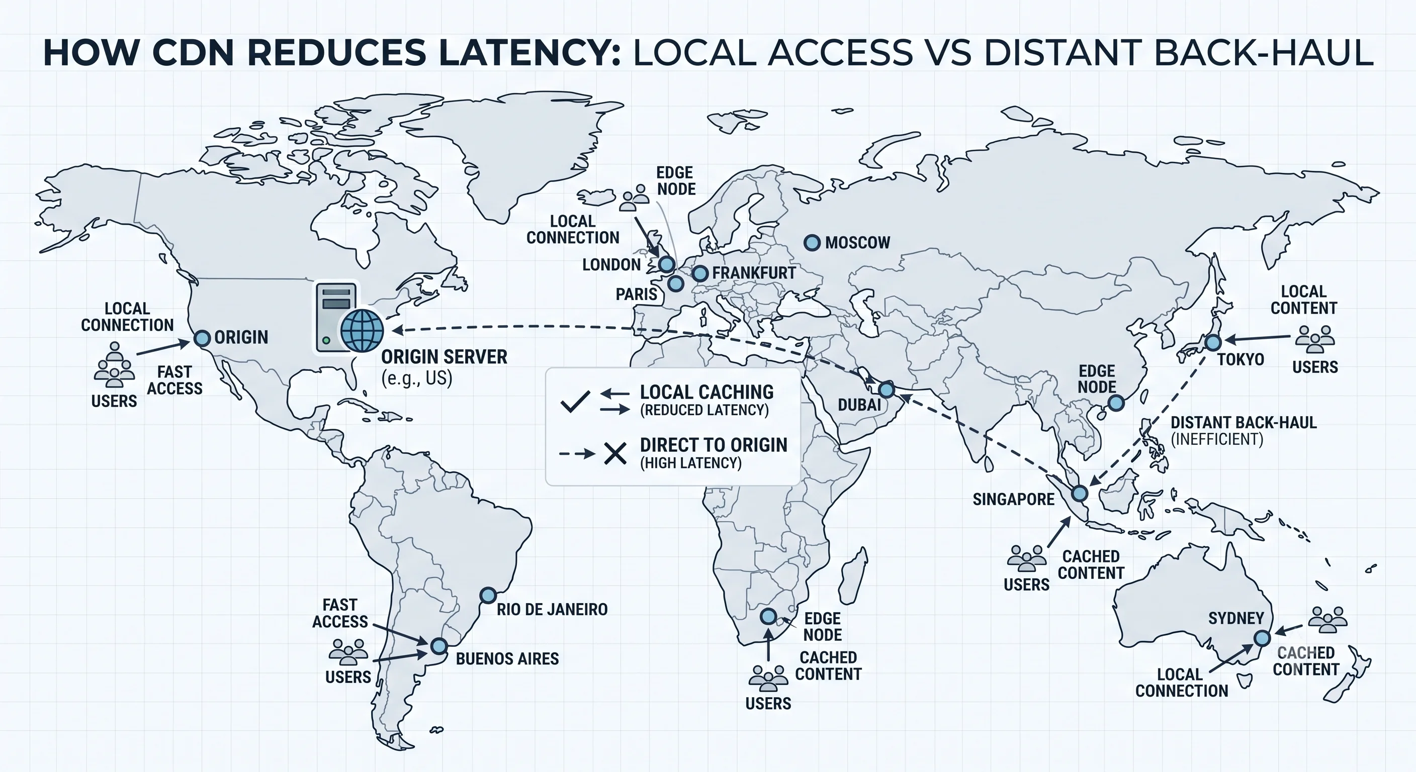 2D minimalistic world-map-style diagram showing a single origin server in one location and many edge/CDN nodes spread across the globe; users near each edge node connect to their local edge (short arrows) instead of all reaching back to the distant origin (one long dashed arrow), illustrating reduced latency