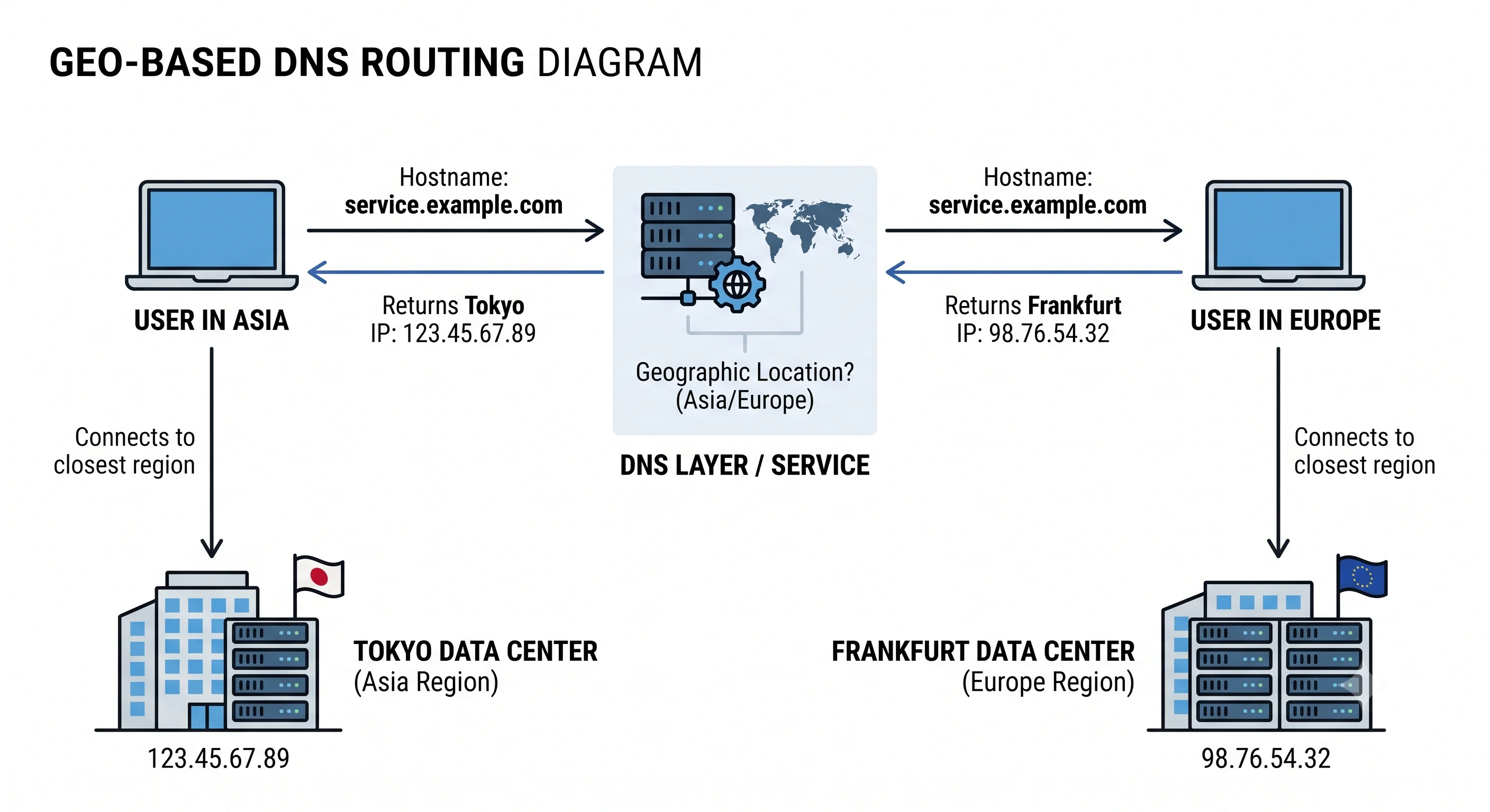 2D minimalistic diagram showing geo-based DNS routing: a user in Asia and a user in Europe both request the same hostname, and the DNS layer returns different regional IPs — the Asian user gets the Tokyo data center IP and the European user gets the Frankfurt data center IP, each connecting to their nearest region