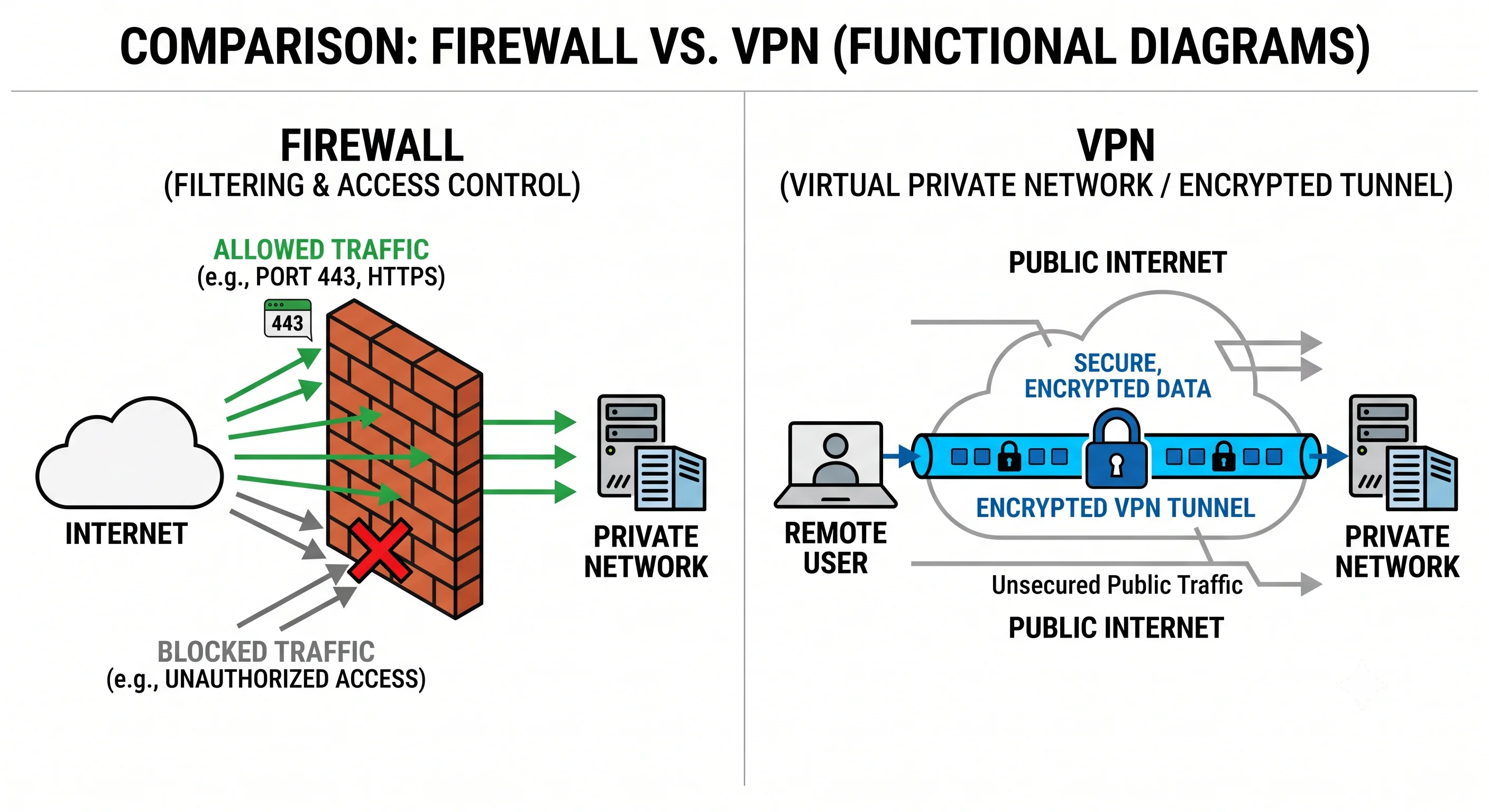 2D minimalistic diagram split in two: left side shows a firewall as a brick-wall filter between the internet and a private network, allowing some arrows (green, port 443) through and blocking others (red X); right side shows a VPN as an encrypted tunnel connecting a remote user to a private network across the public internet