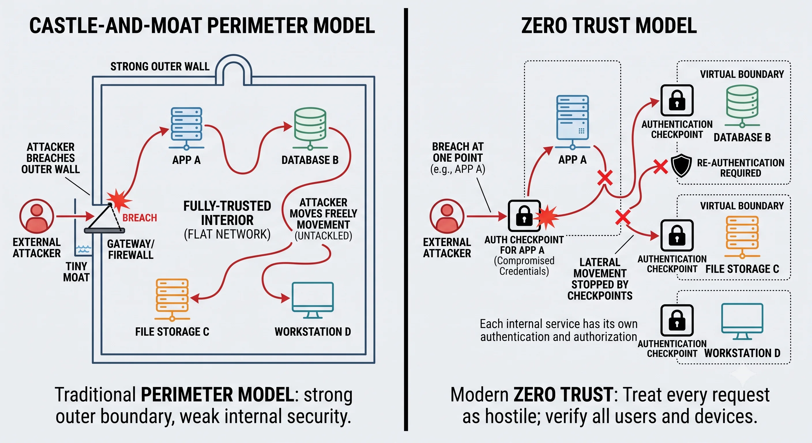 2D minimalistic diagram contrasting two models: left shows the "castle-and-moat" perimeter model with a strong outer wall but a flat, fully-trusted interior where a breached attacker moves freely; right shows the "zero trust" model where every internal service has its own authentication checkpoint, so a breach at one point can't move laterally