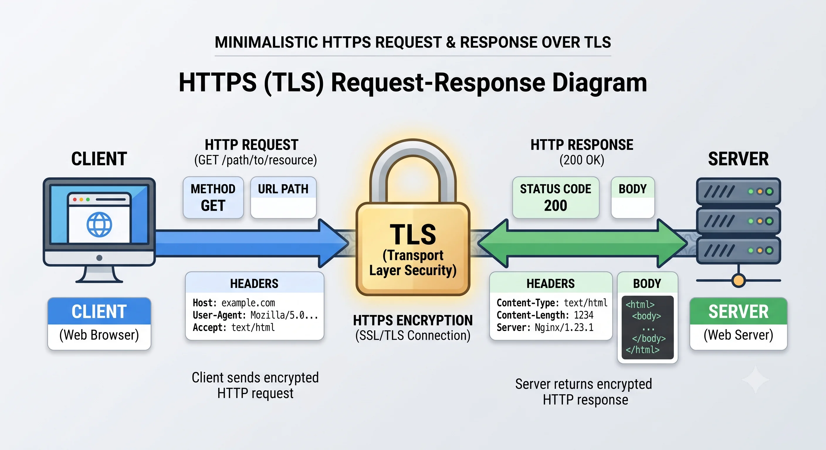 2D minimalistic diagram showing a client sending an HTTP request (method GET, a URL path, and headers) to a server, and the server returning a response (status code 200, headers, and a body); a padlock icon labeled "TLS" wraps the connection to indicate HTTPS encryption