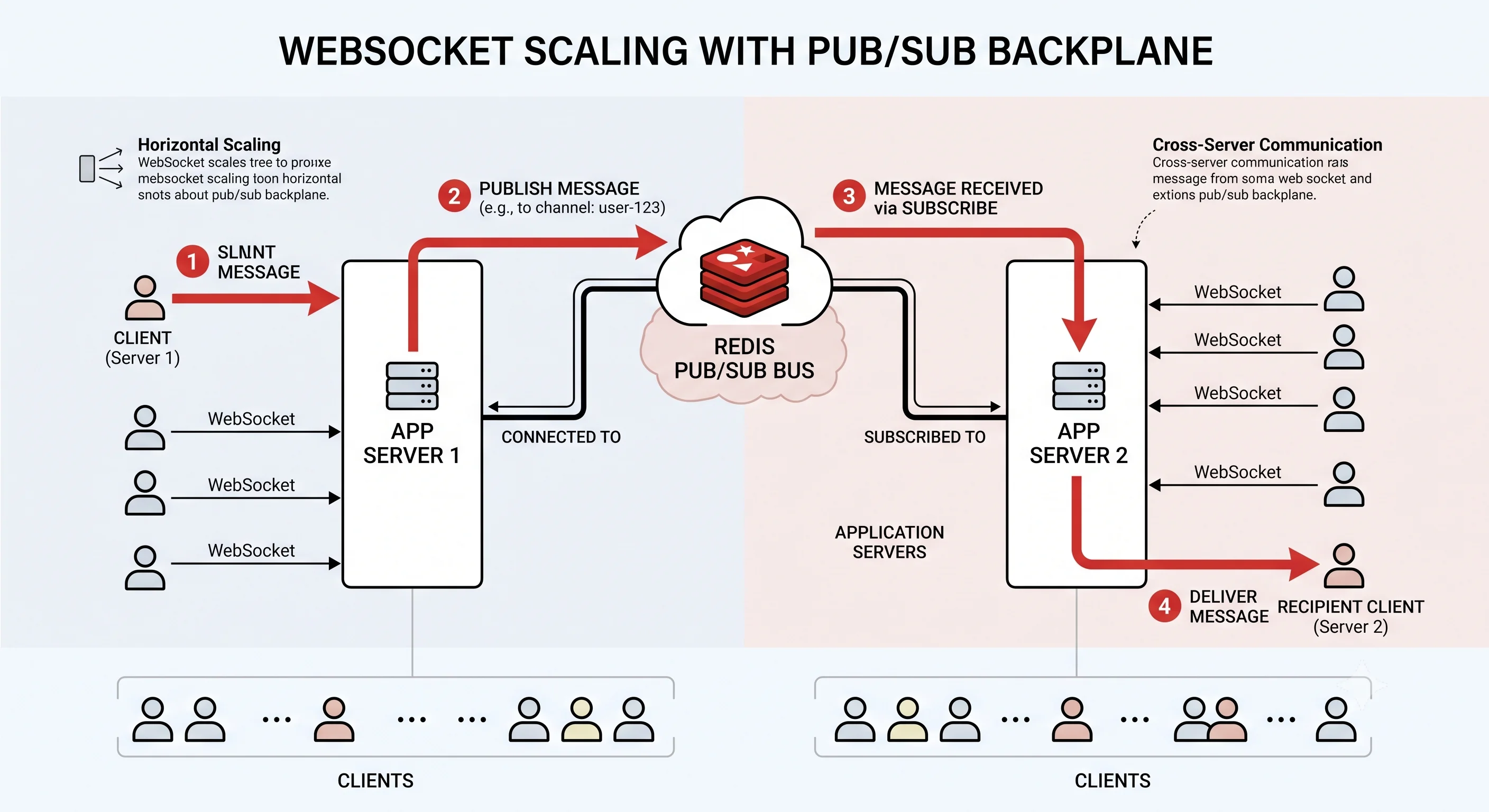 2D minimalistic diagram showing WebSocket scaling with a pub/sub backplane: two application servers each holding several client WebSocket connections, both connected to a central Redis pub/sub bus in the middle; a message from a client on server 1 flows up to Redis and back down to a recipient client on server 2, illustrating cross-server message delivery