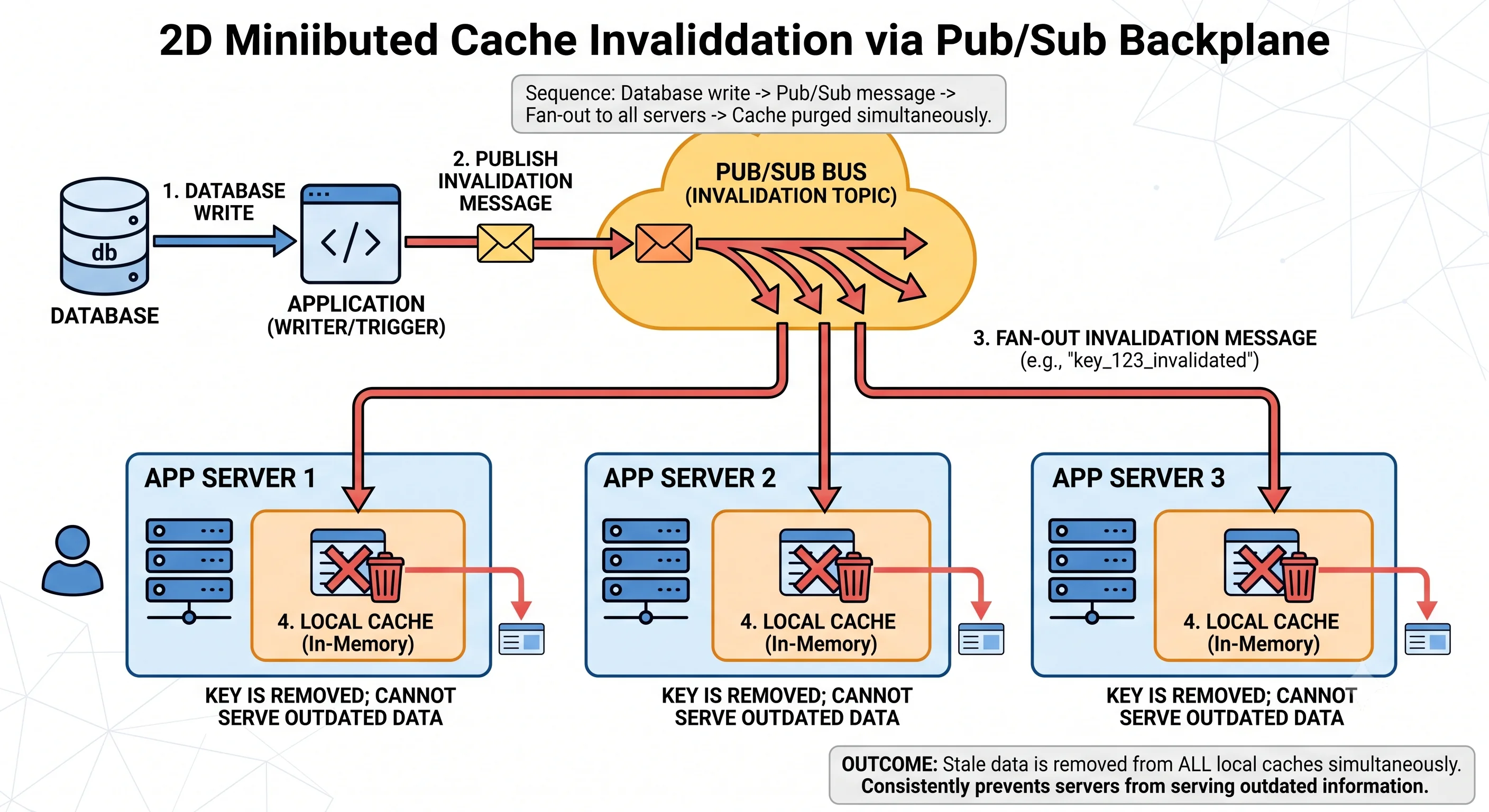 2D minimalistic diagram illustrating distributed cache invalidation via pub/sub: a database write triggers an invalidation message published to a central channel, which fans out to three application servers each holding a local cache, all three deleting their stale copy of the key simultaneously so no server serves outdated data