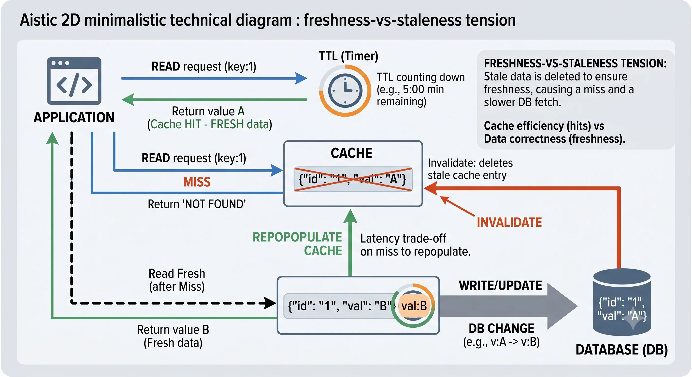 2D minimalistic diagram showing a cached item with a timer (TTL) counting down; when the underlying database value changes, an "invalidate" arrow deletes the stale cache entry, so the next read fetches the fresh value from the database and repopulates the cache — illustrating the freshness-vs-staleness tension