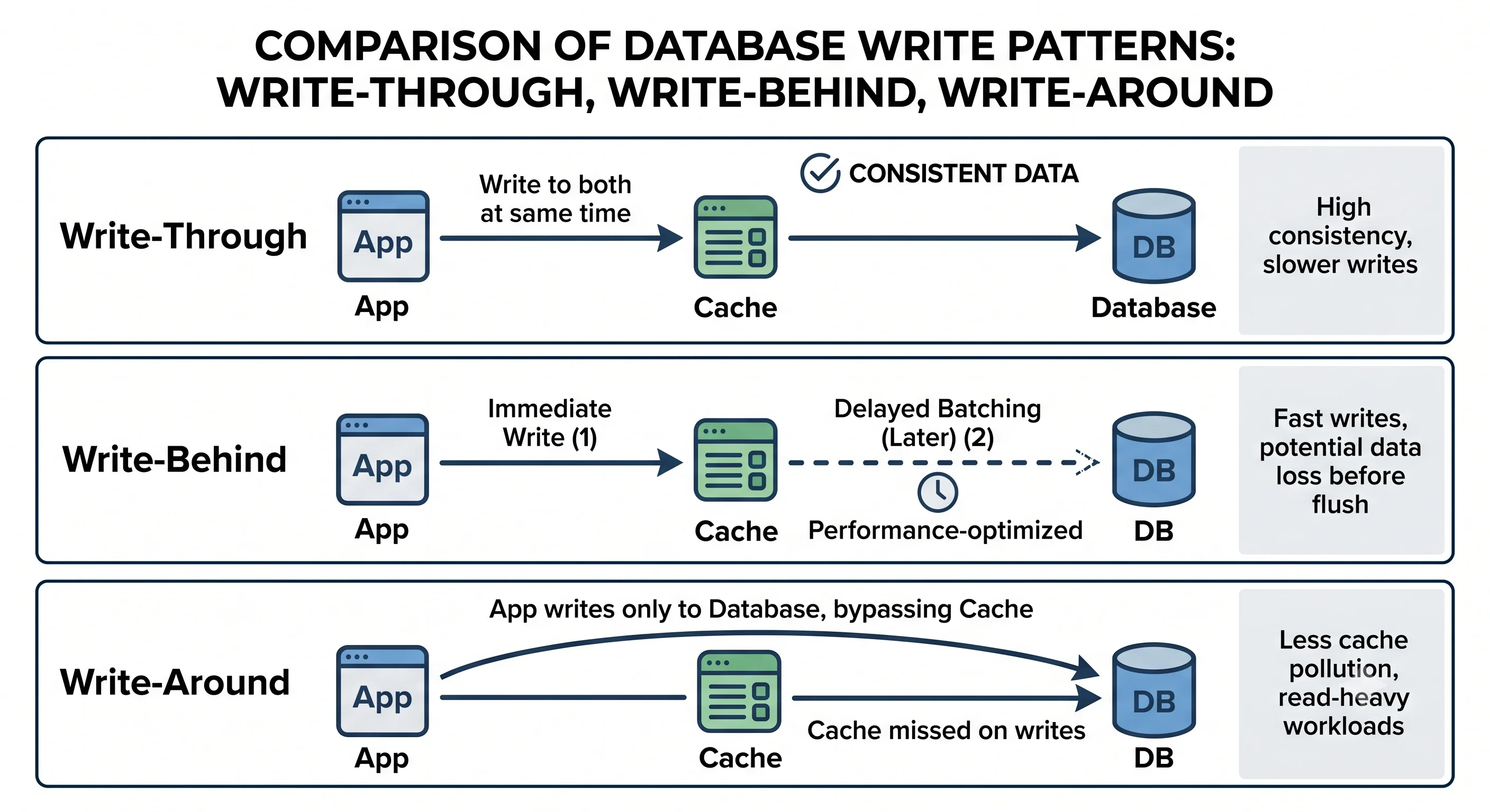 2D minimalistic comparison of the three write patterns as three rows: "Write-Through" shows the app writing to both cache and database at the same time with a checkmark for consistency; "Write-Behind" shows the app writing to cache immediately and a delayed dashed arrow batching to the database later; "Write-Around" shows the app writing only to the database, bypassing the cache