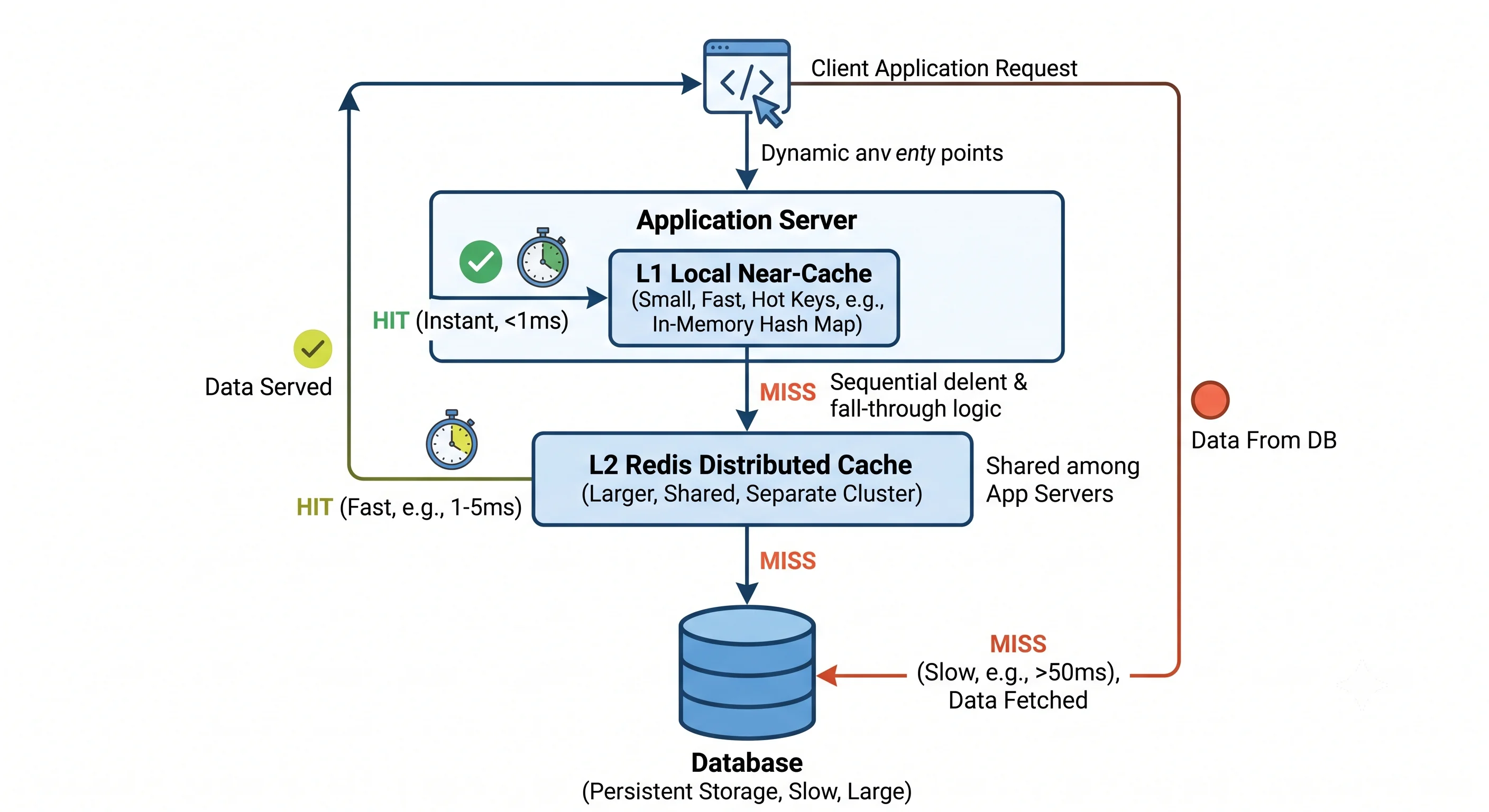 2D minimalistic diagram showing a two-tier application cache: an app server with a small fast "local near-cache" box holding a few hot keys, backed by a larger shared "Redis distributed cache" box; a request checks local first (hit = instant), then Redis (hit = fast), then the database (miss = slow), with arrows showing the fall-through order