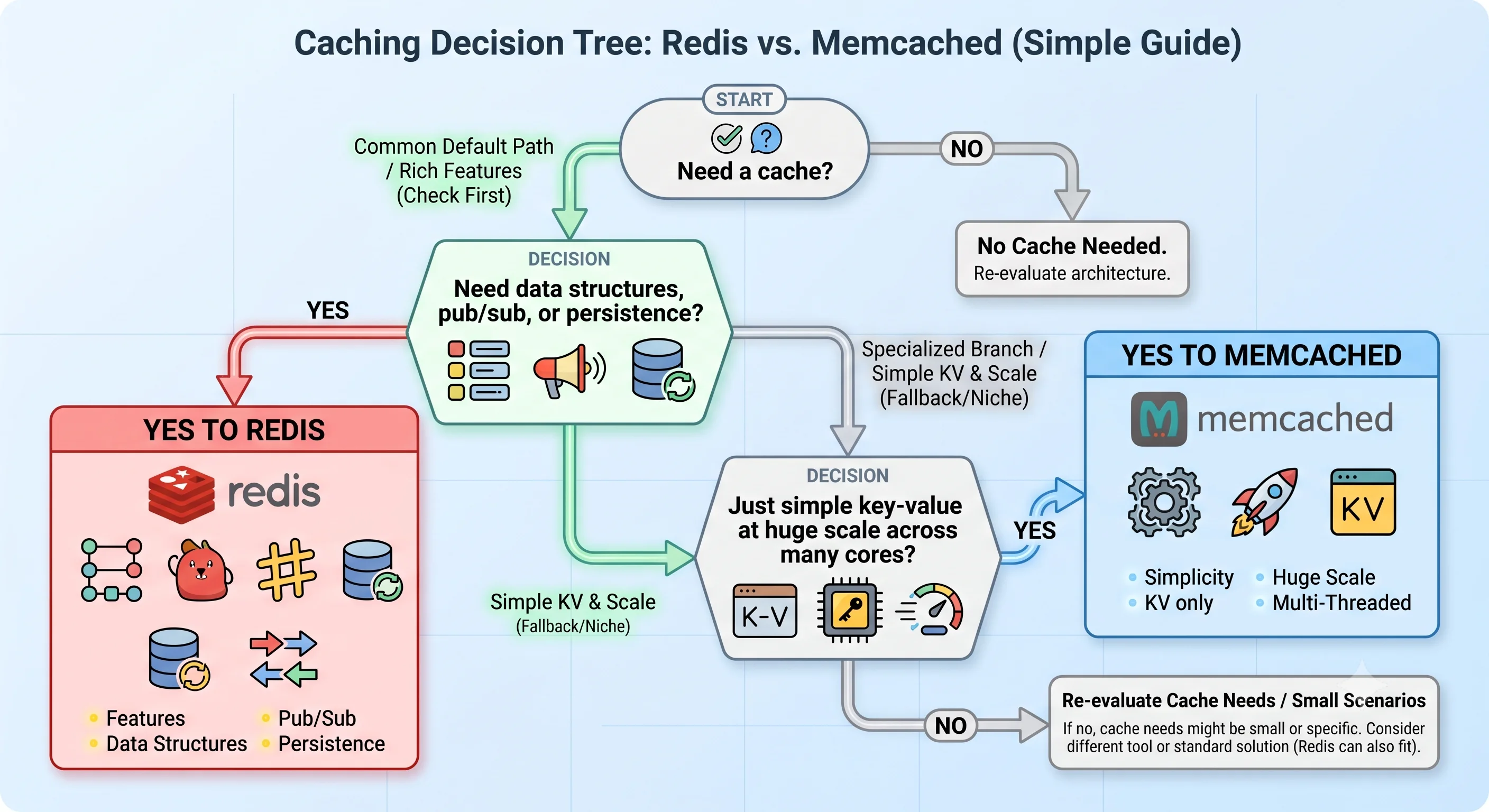 2D minimalistic decision-tree diagram: start node "Need a cache?" branching on questions — "Need data structures, pub/sub, or persistence?" → Yes → Redis; "Just simple key-value at huge scale across many cores?" → Yes → Memcached; with Redis shown as the more common default path and Memcached as the specialized branch