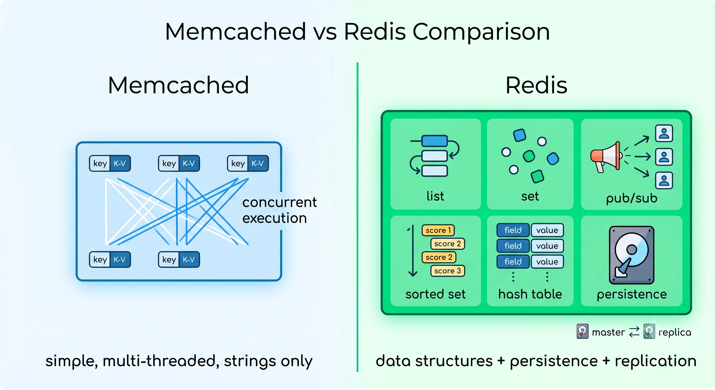 2D minimalistic side-by-side comparison diagram: left panel labeled "Memcached" shows a simple key-value box with multiple threads and the label "simple, multi-threaded, strings only"; right panel labeled "Redis" shows a richer box containing multiple data-structure icons (list, set, sorted set, hash) plus pub/sub and a persistence disk icon, labeled "data structures + persistence + replication"