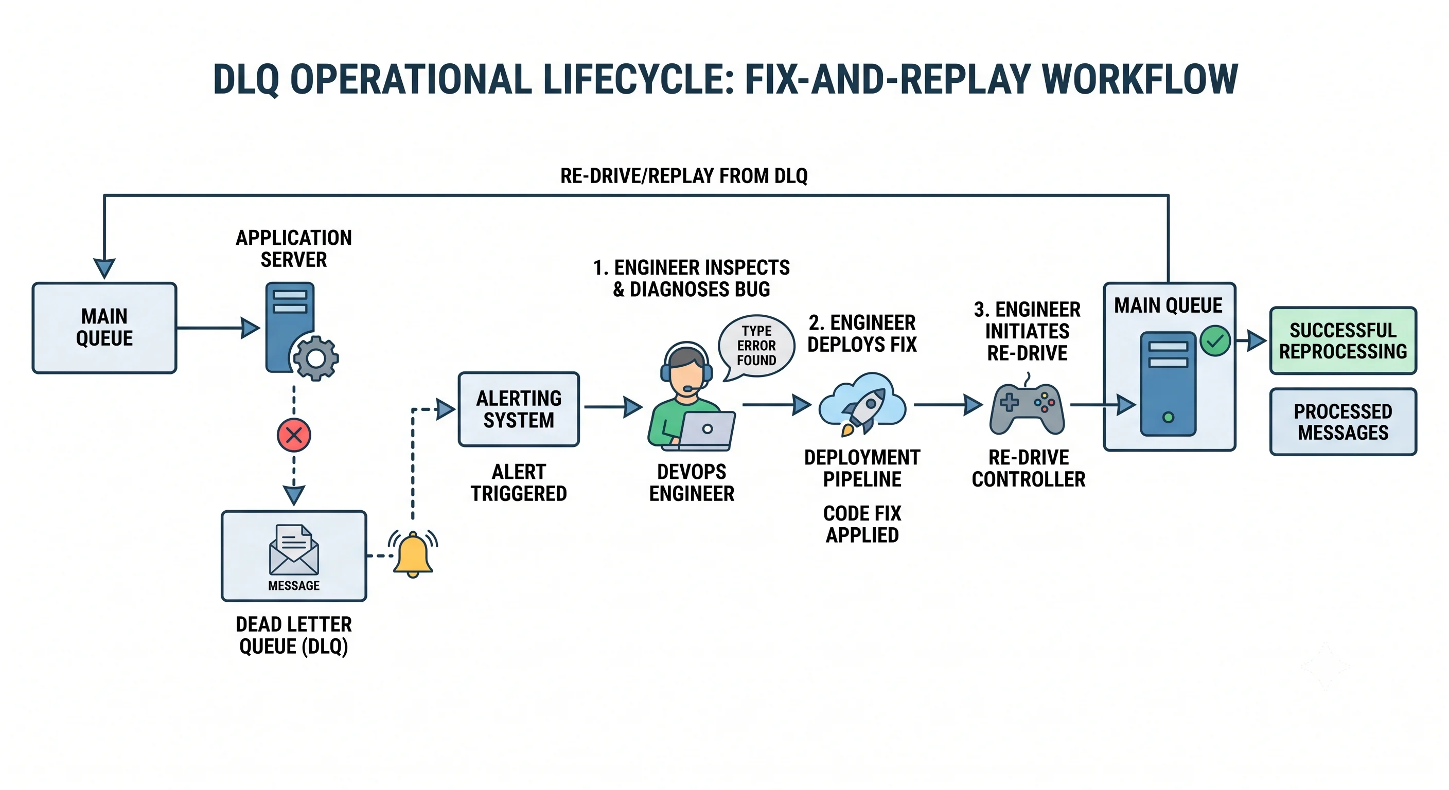 2D minimalistic diagram showing the DLQ operational lifecycle: a message fails and lands in the DLQ (left), which triggers an alert (bell icon); an engineer inspects the message to diagnose the bug, deploys a fix, then "re-drives" the messages from the DLQ back to the main queue for successful reprocessing (arrow looping back), illustrating fix-and-replay with no data loss