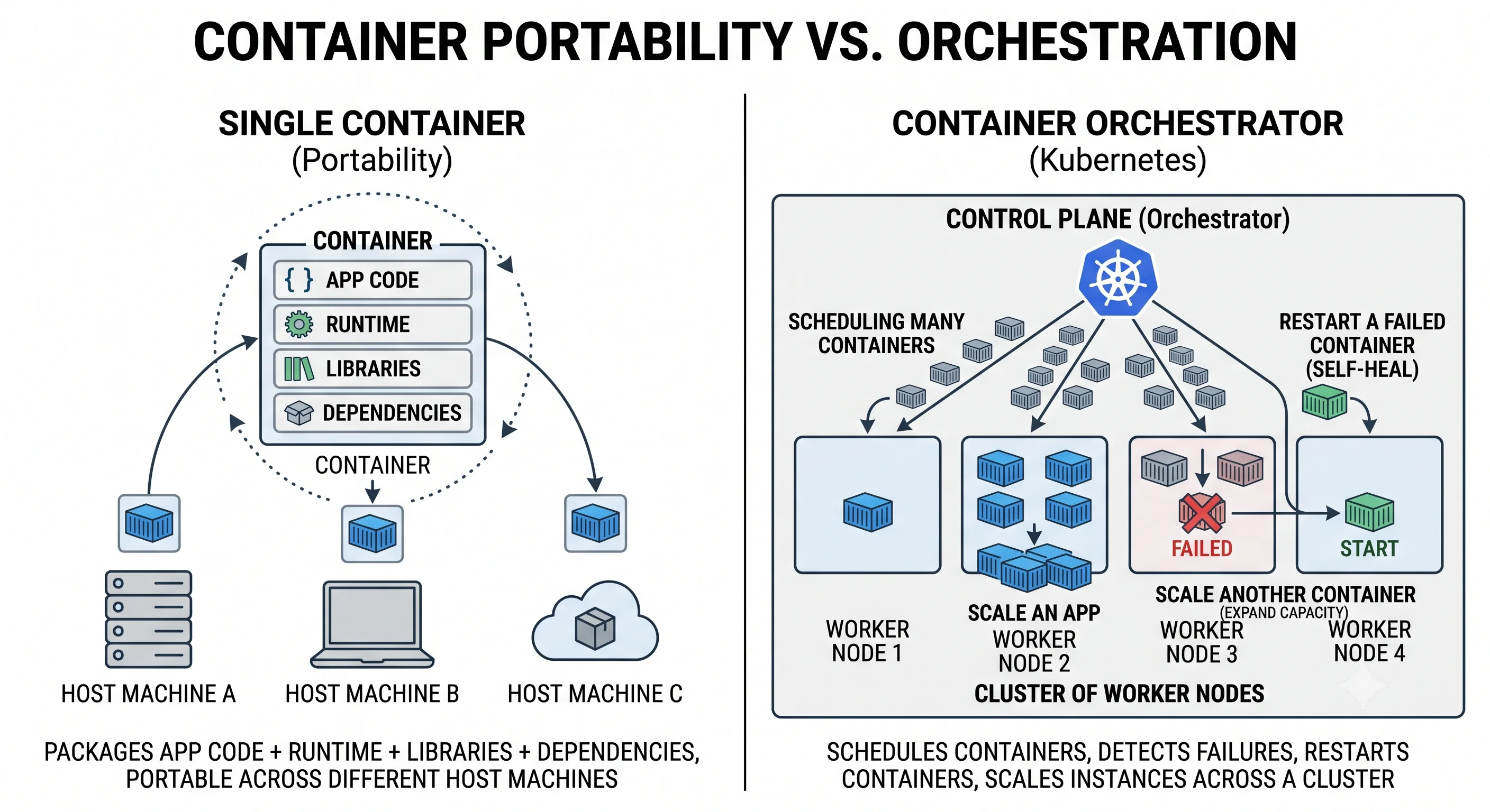 2D minimalistic diagram split in two: left shows a single container as a box neatly packaging app code + runtime + libraries + dependencies, portable across different host machines; right shows an orchestrator (Kubernetes) scheduling many such containers across a cluster of worker nodes, restarting a failed one and scaling another, illustrating automated management