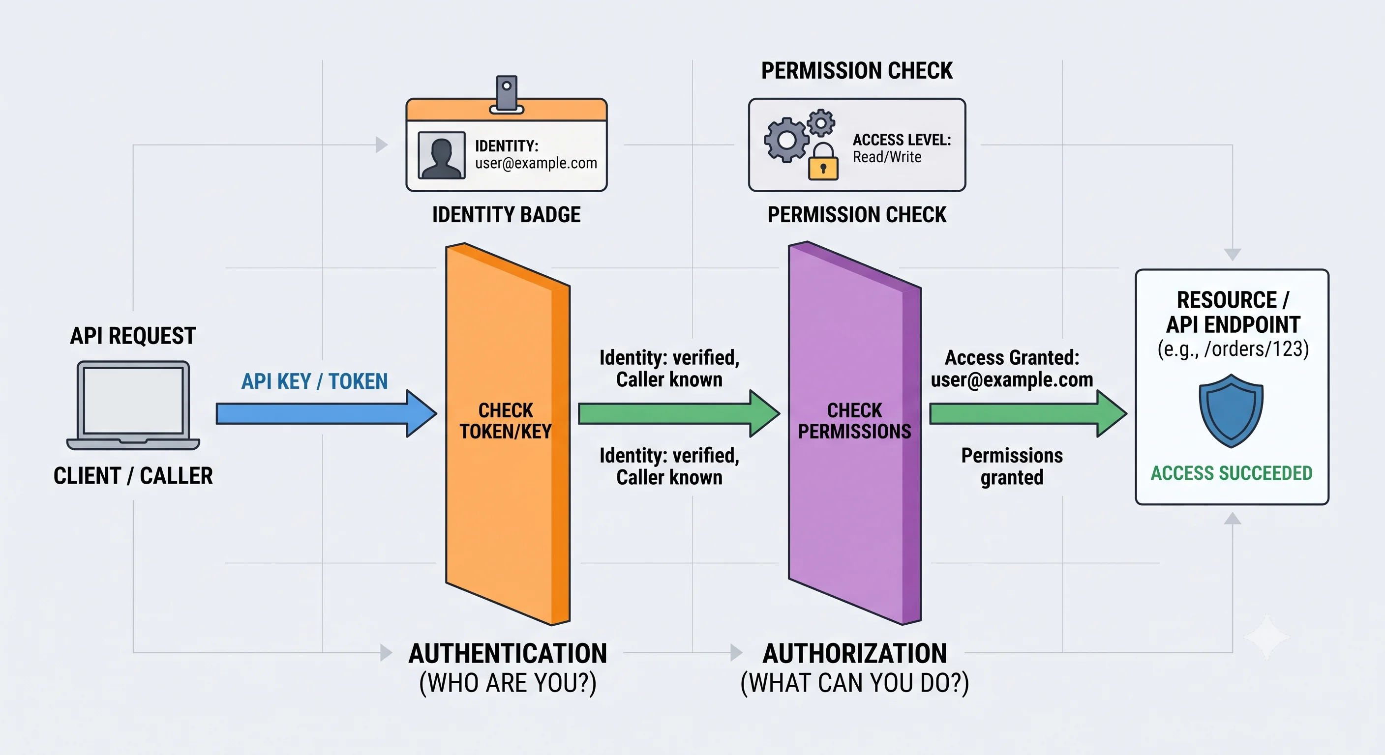 2D minimalistic diagram showing an API request passing through two sequential gates: first an "Authentication" gate that checks a token/key to establish WHO the caller is (identity badge), then an "Authorization" gate that checks WHAT they're allowed to do (permission check) before the request reaches the resource, illustrating the two distinct steps
