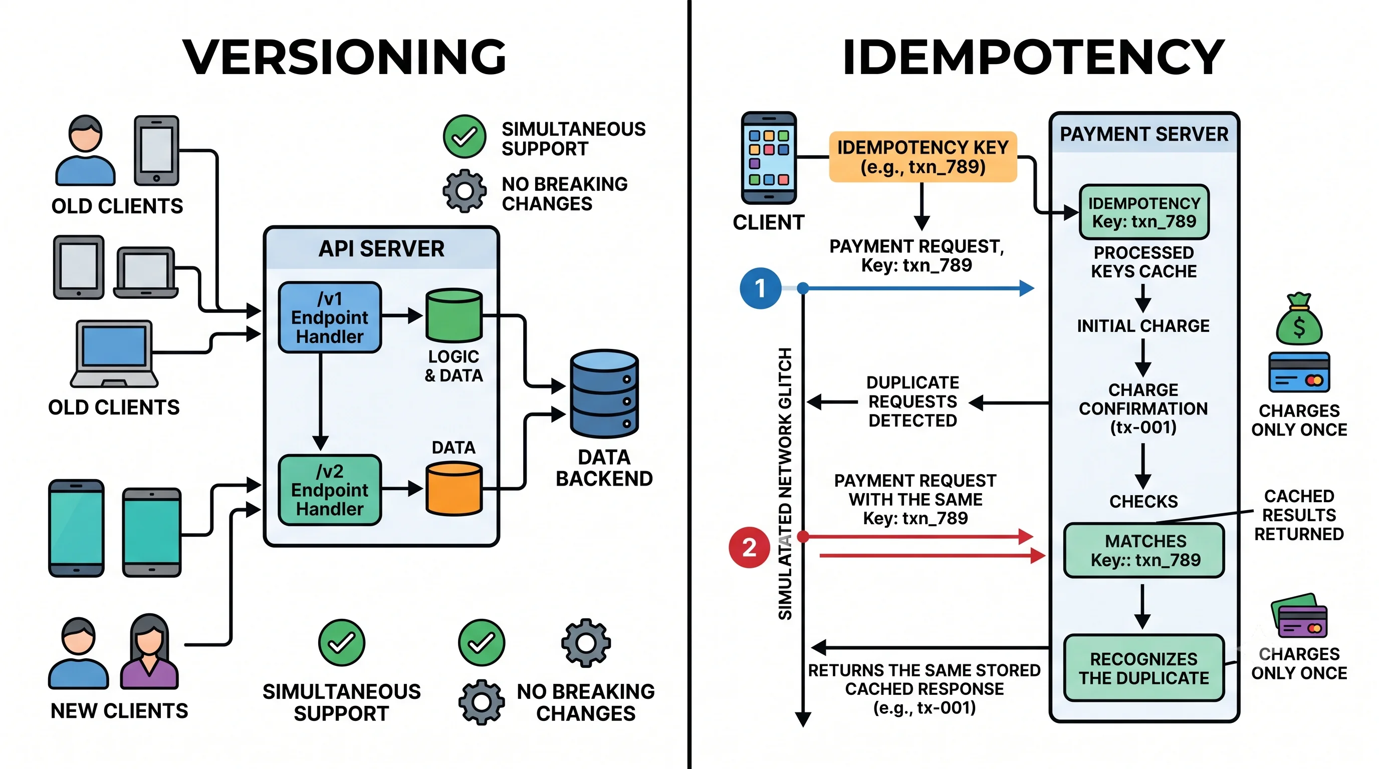 2D minimalistic diagram split in two: left labeled "Versioning" shows an API serving /v1 to old clients and /v2 to new clients simultaneously without breaking either; right labeled "Idempotency" shows a client retrying a payment request with the same idempotency key, and the server recognizing the duplicate and charging only once