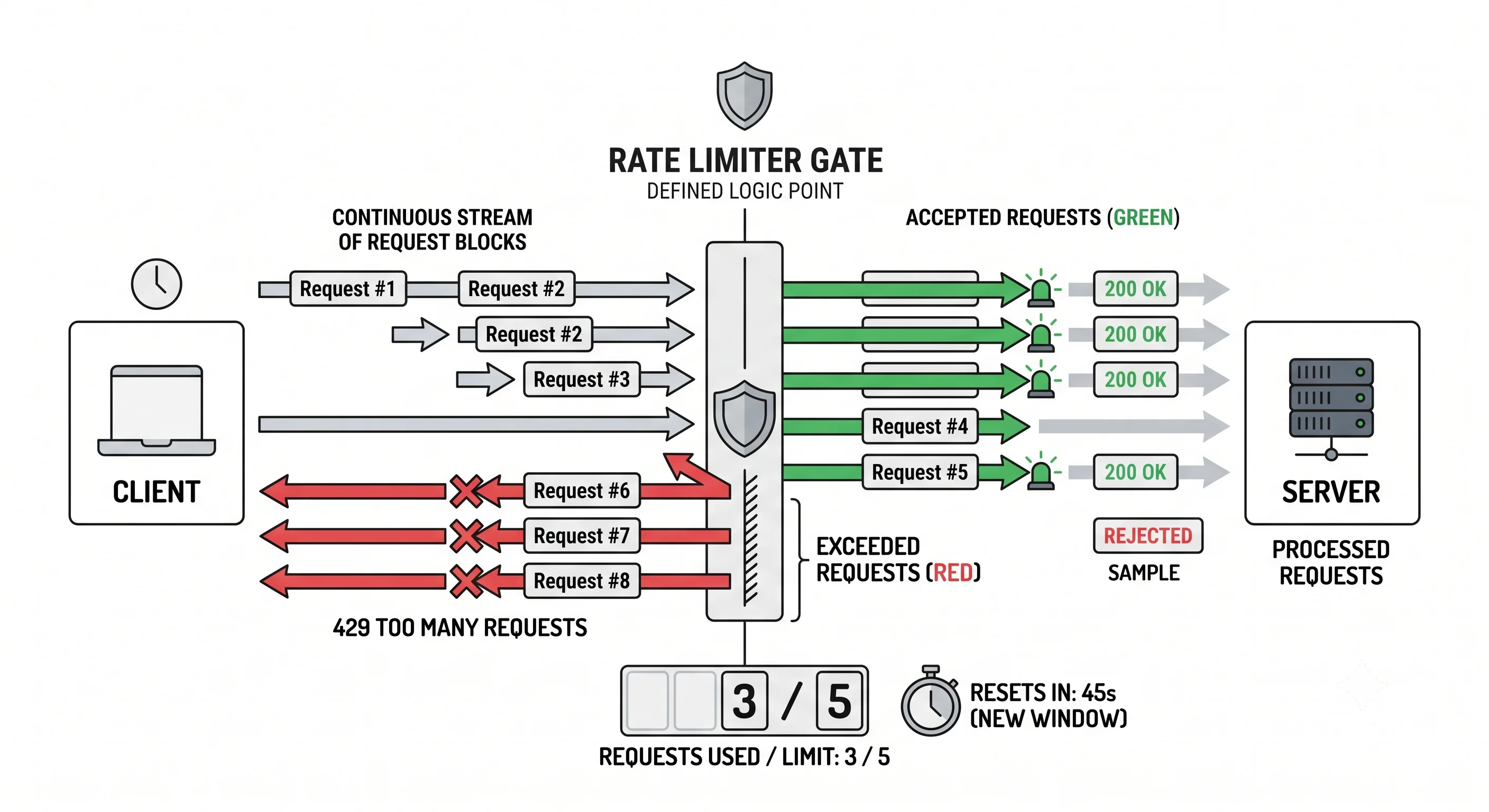 2D minimalistic diagram showing a stream of requests from a client hitting a rate limiter gate; requests within the limit pass through (green), while requests exceeding the limit are rejected with a "429 Too Many Requests" response (red), with a counter showing "requests used / limit" resetting each time window