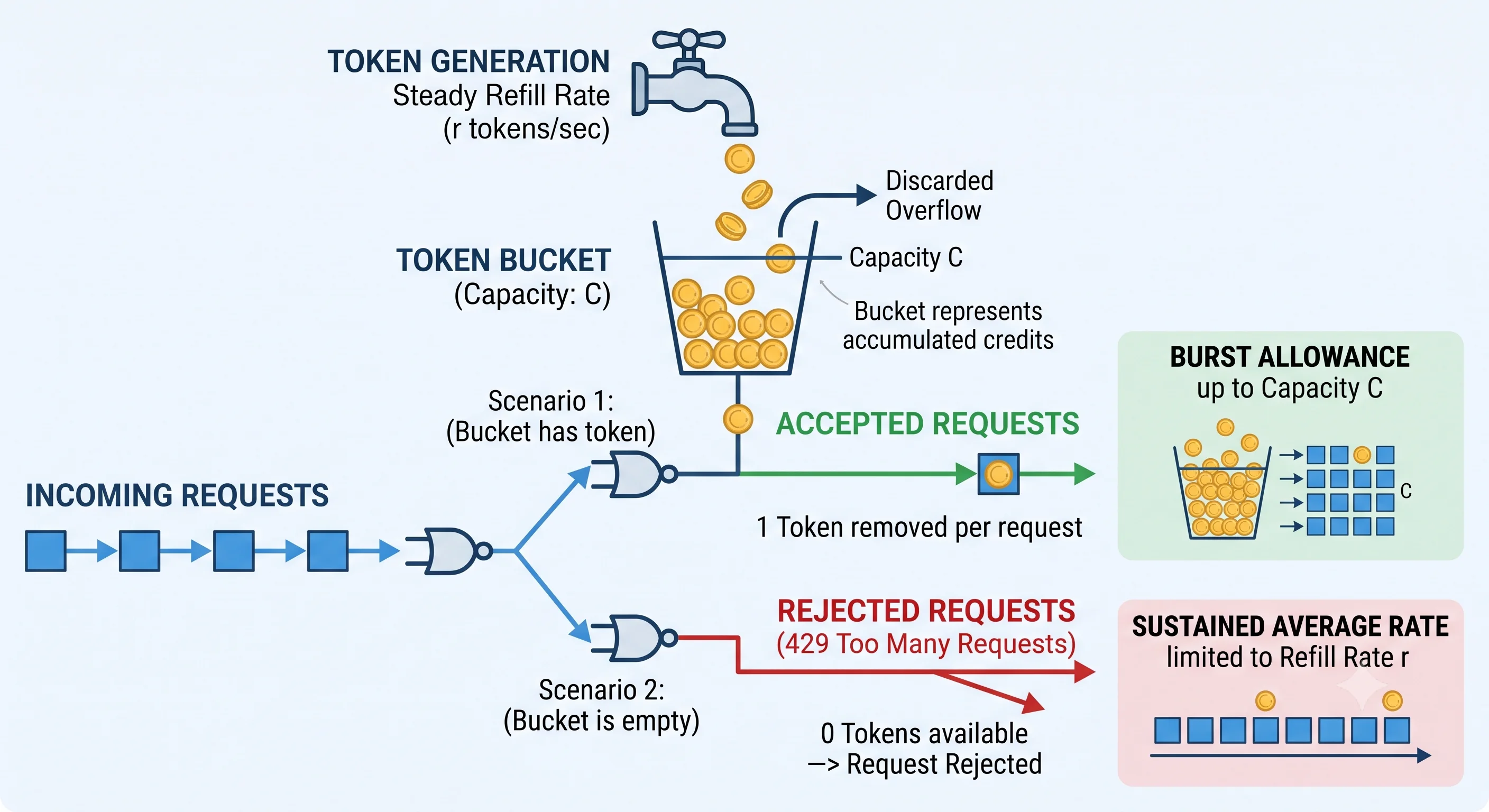 2D minimalistic diagram of the token bucket algorithm: a bucket with a fixed capacity being refilled by a steady drip of tokens from above at a constant rate; incoming requests each remove one token to pass through; when the bucket is empty, requests are rejected, illustrating burst allowance up to capacity and a sustained average rate