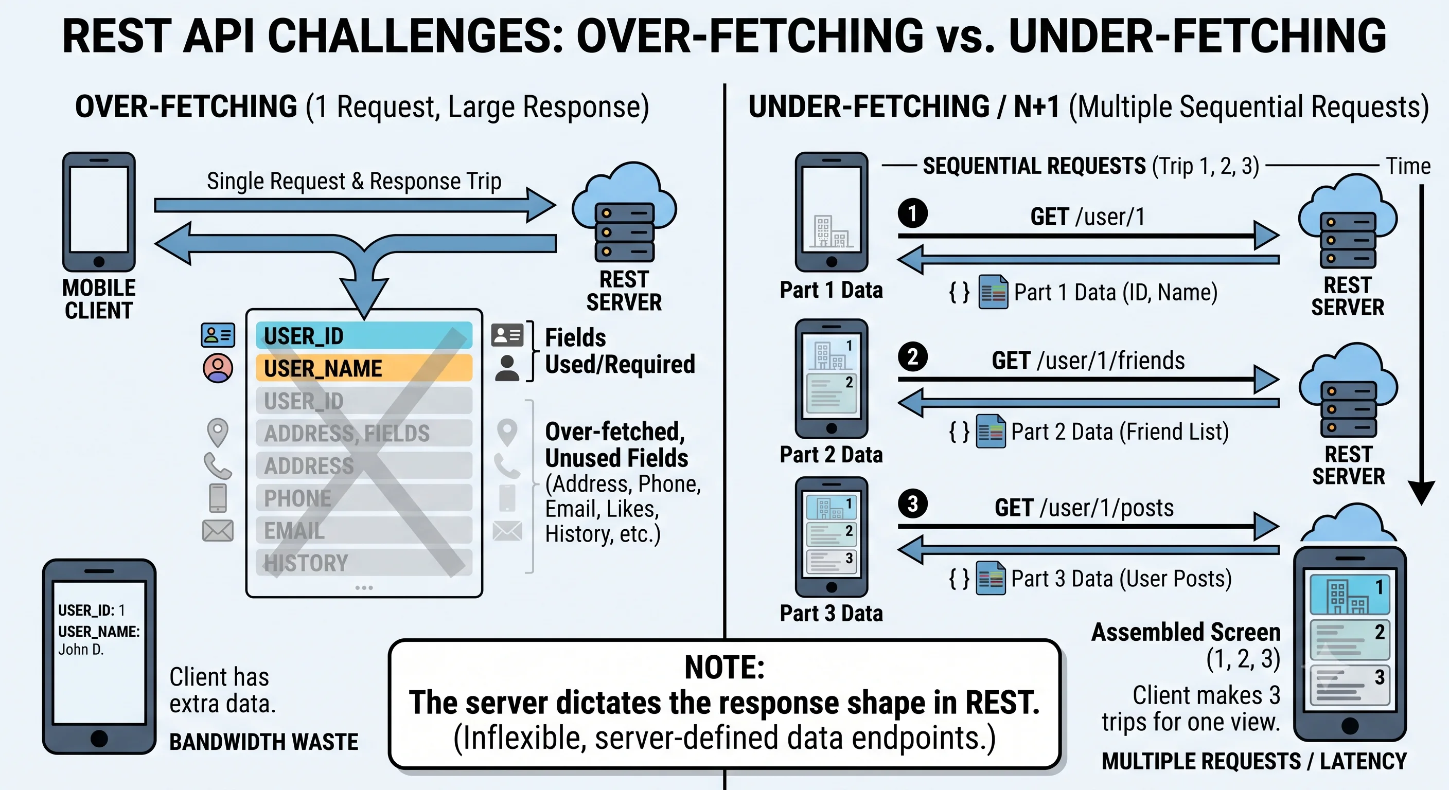 2D minimalistic diagram illustrating REST's over-fetching and under-fetching problems: on one side a mobile client receiving a large response with many unused fields greyed out (over-fetching), on the other side the same client making three sequential requests to assemble one screen (under-fetching / N+1), with a note that the server dictates the response shape