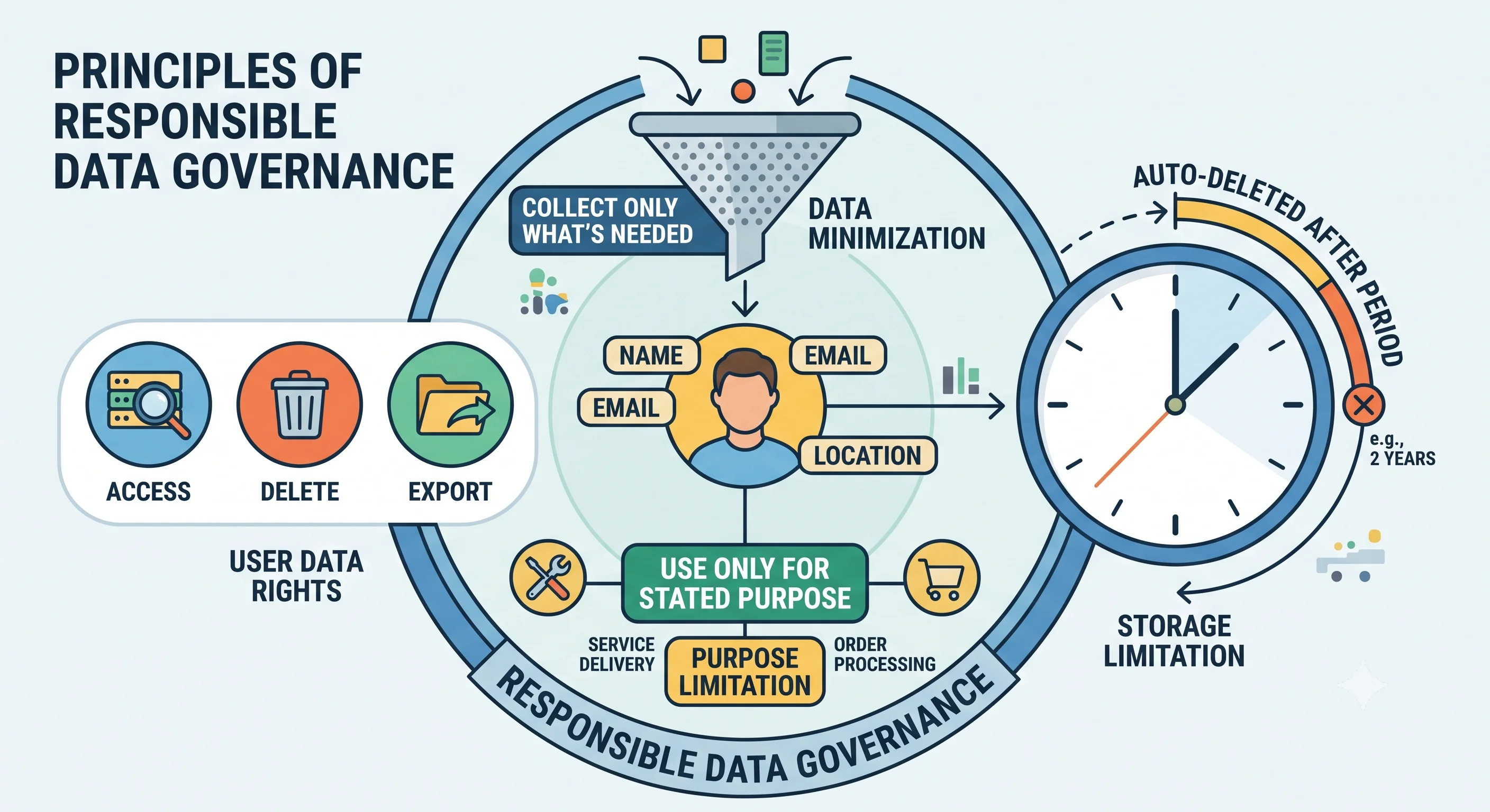 2D minimalistic diagram showing a user's personal data (name, email, location) surrounded by privacy controls: a "collect only what's needed" filter, a "use only for stated purpose" label, a retention clock showing data auto-deleted after a period, and user-rights icons (access, delete, export), illustrating responsible data governance