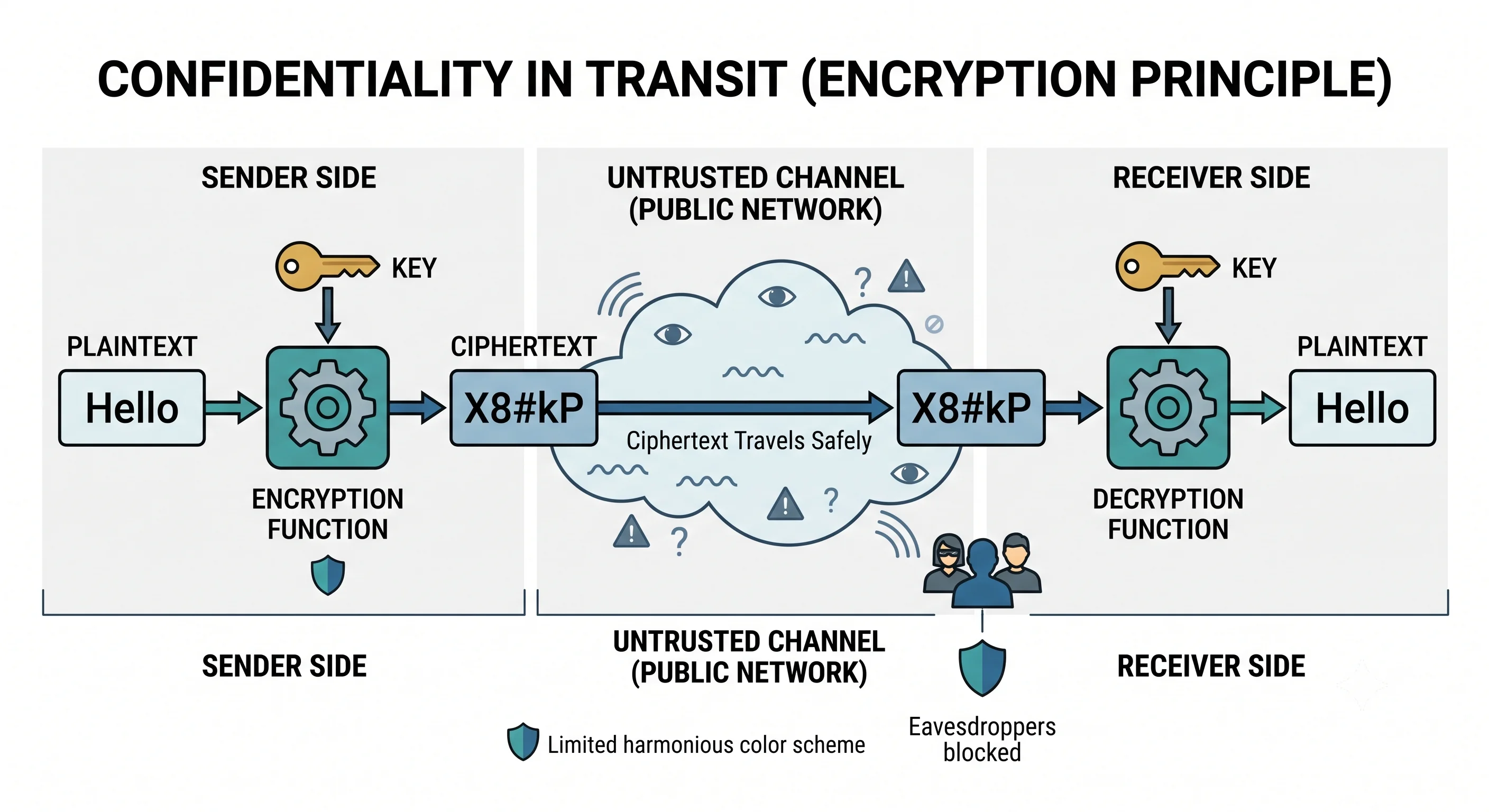 2D minimalistic diagram showing readable plaintext ("Hello") passing through an encryption function with a key, becoming scrambled ciphertext ("X8#kP"), traveling safely across an untrusted channel, then being decrypted with the key back into the original plaintext, illustrating confidentiality in transit