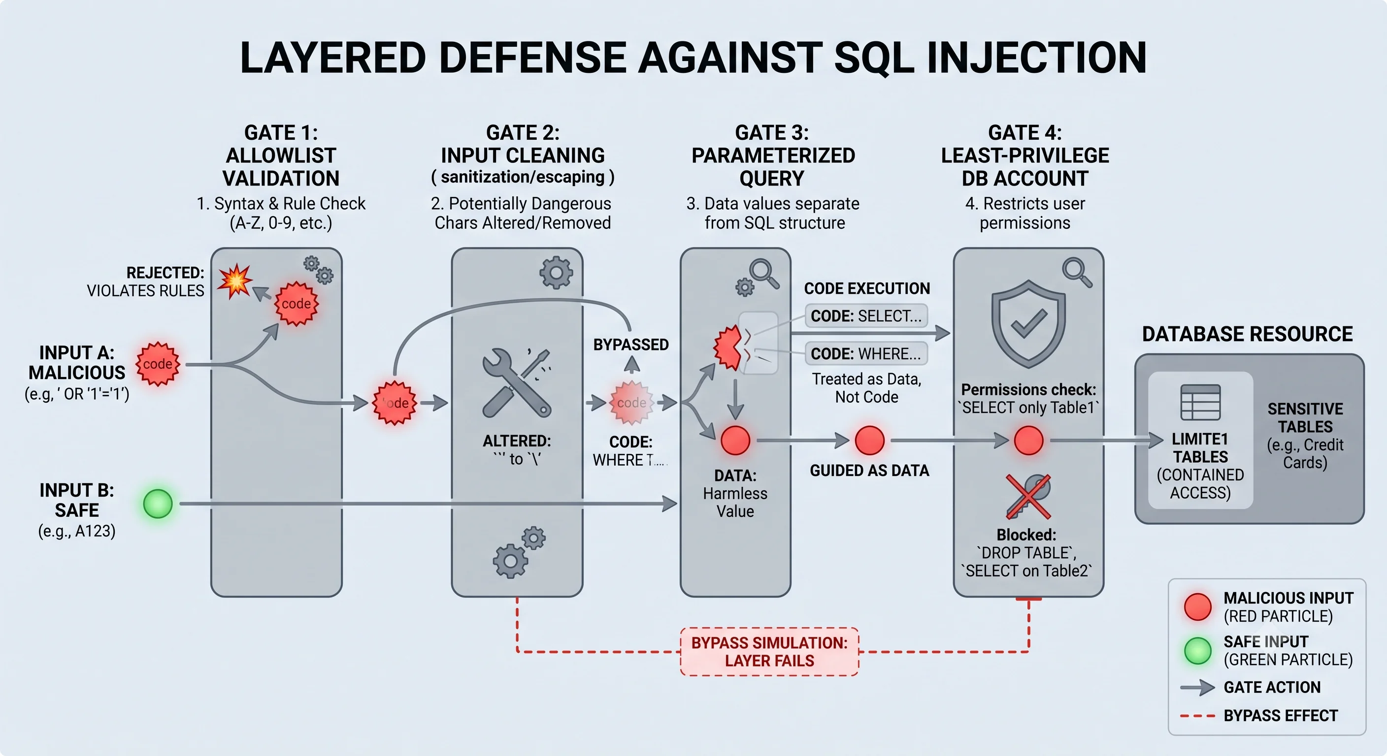 2D minimalistic diagram showing the layered defense against injection as a series of gates an input passes through: allowlist validation, parameterized query (data bound separately from SQL structure), least-privilege database account, illustrating that even if one layer is bypassed the others contain the damage