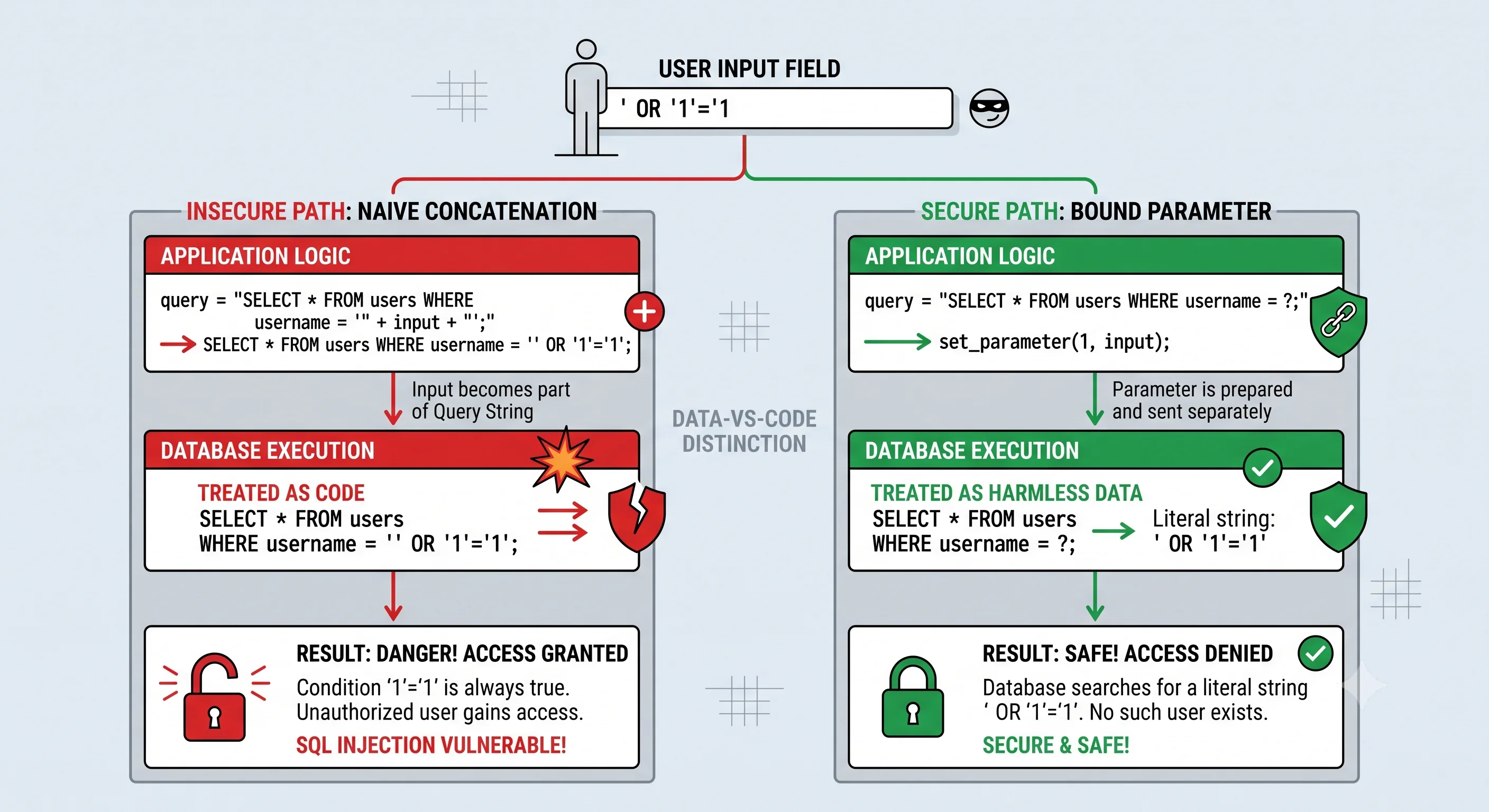 2D minimalistic diagram showing a user input field where an attacker types a malicious SQL fragment (' OR '1'='1); on one path the input is naively concatenated into a query and executed as code (danger, red), on the other path it's passed as a bound parameter and treated as harmless data (safe, green), illustrating the data-vs-code distinction