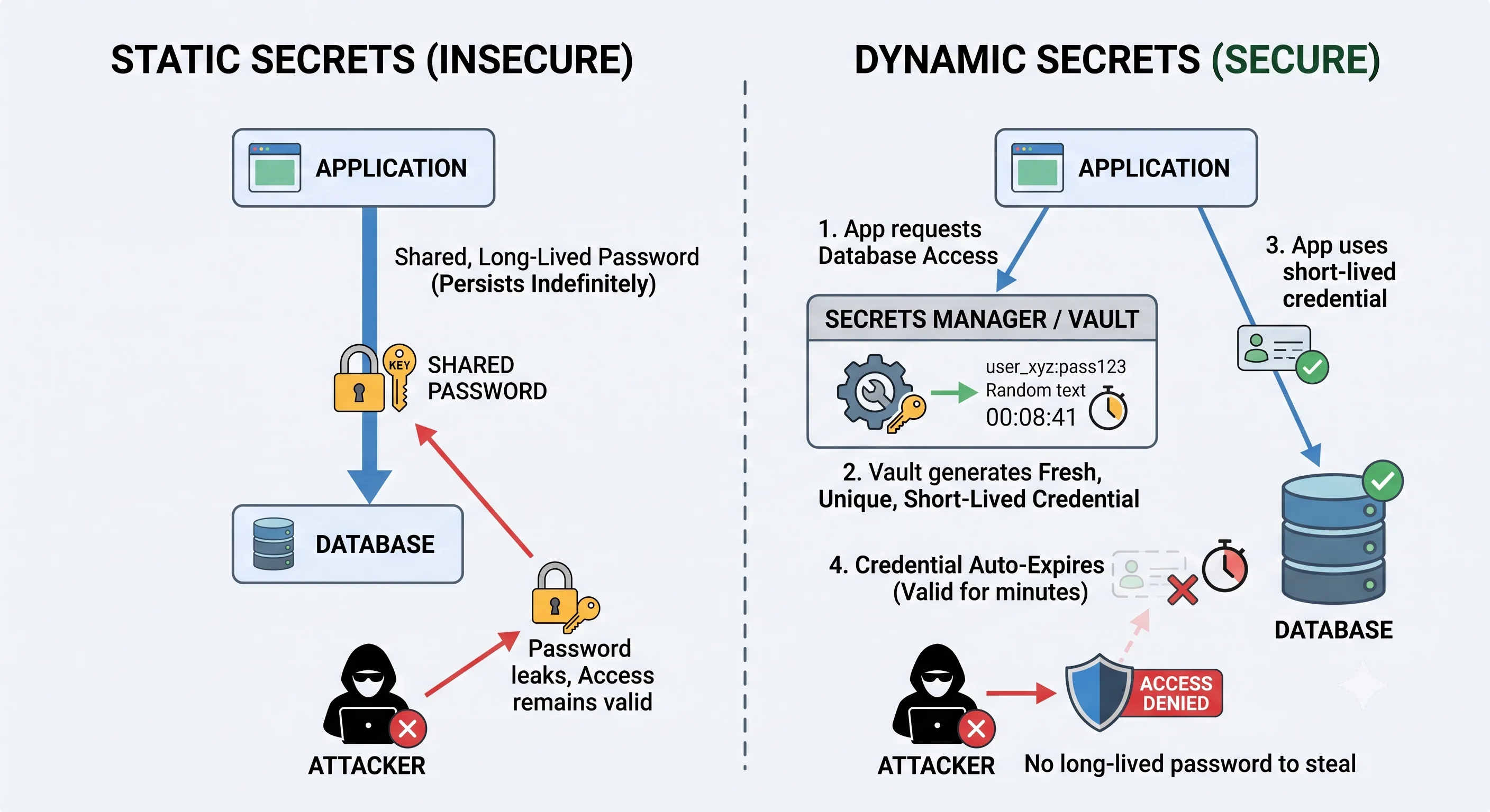 2D minimalistic diagram showing dynamic secrets: an application requests database access from a secrets manager, which generates a fresh, unique, short-lived credential on demand (valid for minutes), the app uses it, and it auto-expires — so there is no long-lived password to steal, contrasted with a static shared password that persists indefinitely