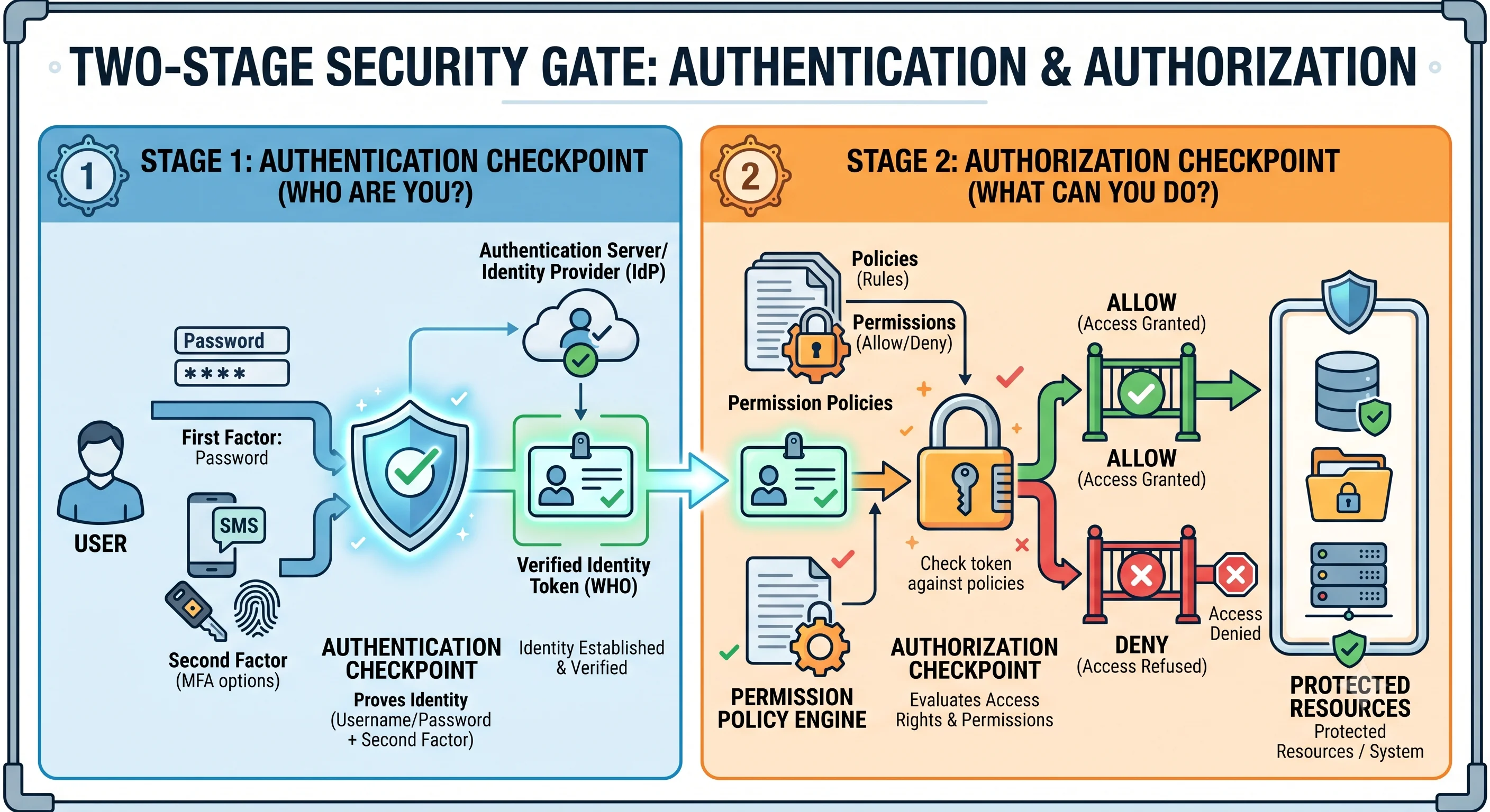 2D minimalistic diagram showing a user proving identity at an authentication checkpoint (password + second factor → verified identity token), then that verified identity being evaluated at an authorization checkpoint (permission policy → allow/deny) before reaching protected resources, emphasizing the two-stage security gate