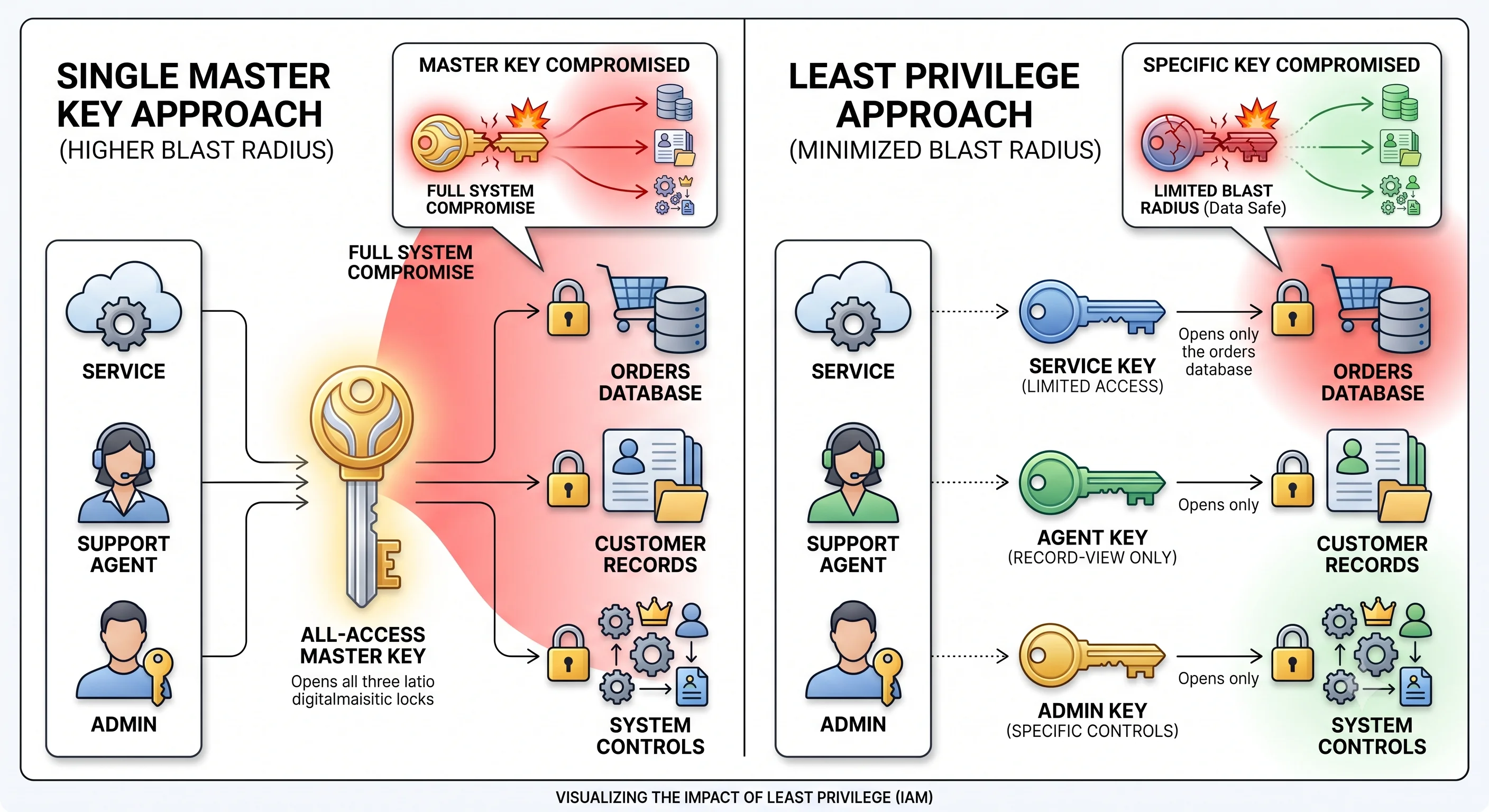 2D minimalistic diagram showing the principle of least privilege: three actors (a service, a support agent, an admin) each given a narrowly-scoped key that opens only the specific resources they need, contrasted with a single master key that would open everything, illustrating minimized blast radius when one key is compromised