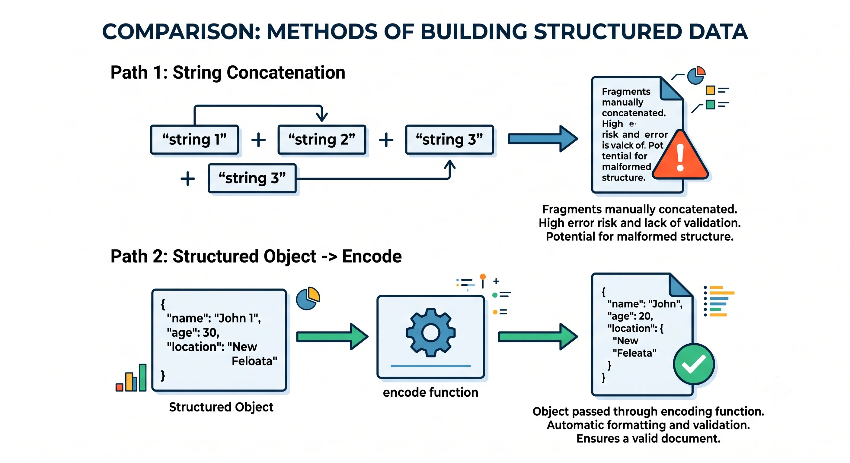 Comparison of building structured data by string concatenation against encoding a structured object